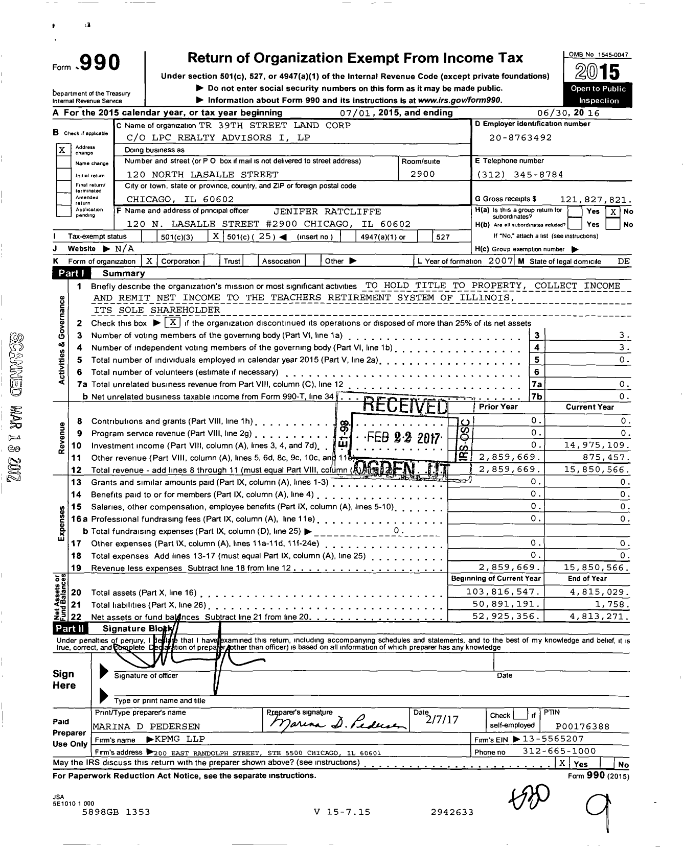 Image of first page of 2015 Form 990O for TR 39th Street Land Corporation