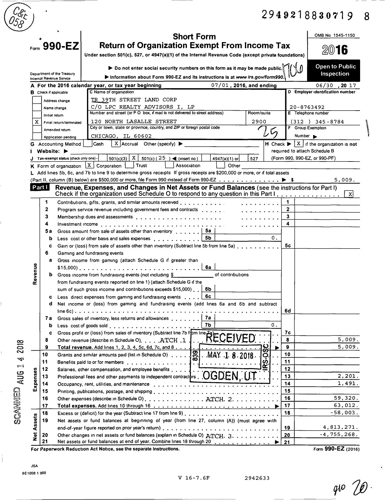 Image of first page of 2016 Form 990EO for TR 39th Street Land Corporation