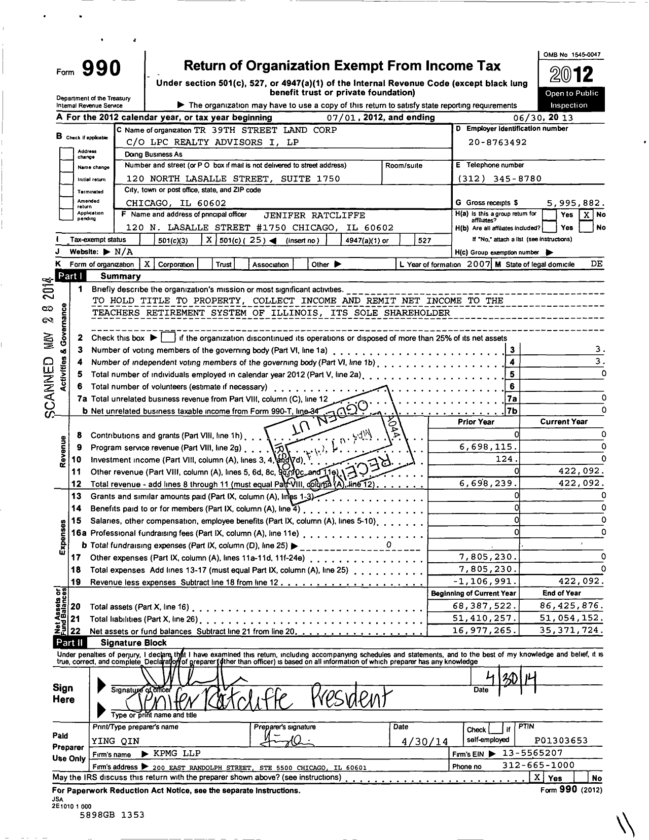 Image of first page of 2012 Form 990O for TR 39th Street Land Corporation