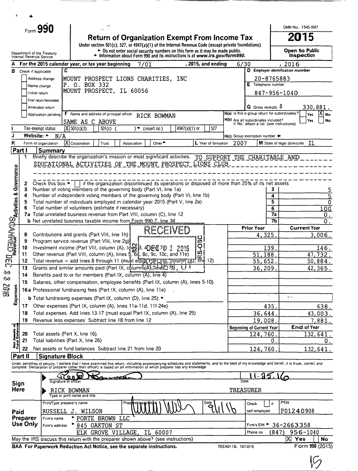 Image of first page of 2015 Form 990 for Mount Prospect Lions Charities