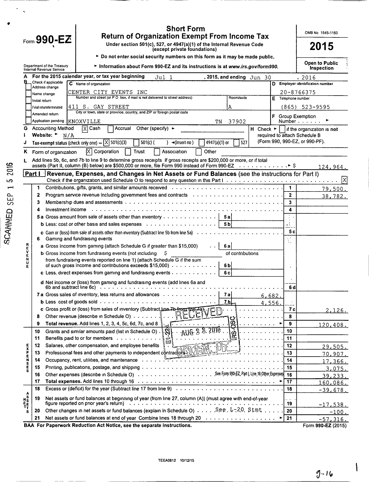 Image of first page of 2015 Form 990EZ for Center City Events