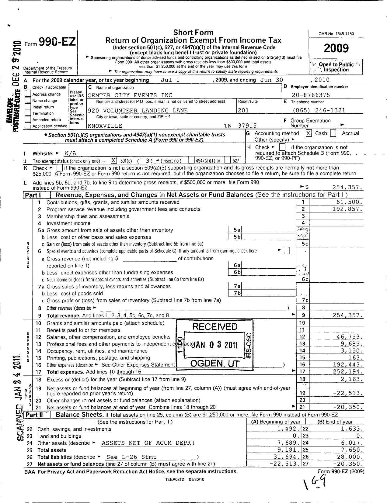 Image of first page of 2009 Form 990EZ for Center City Events