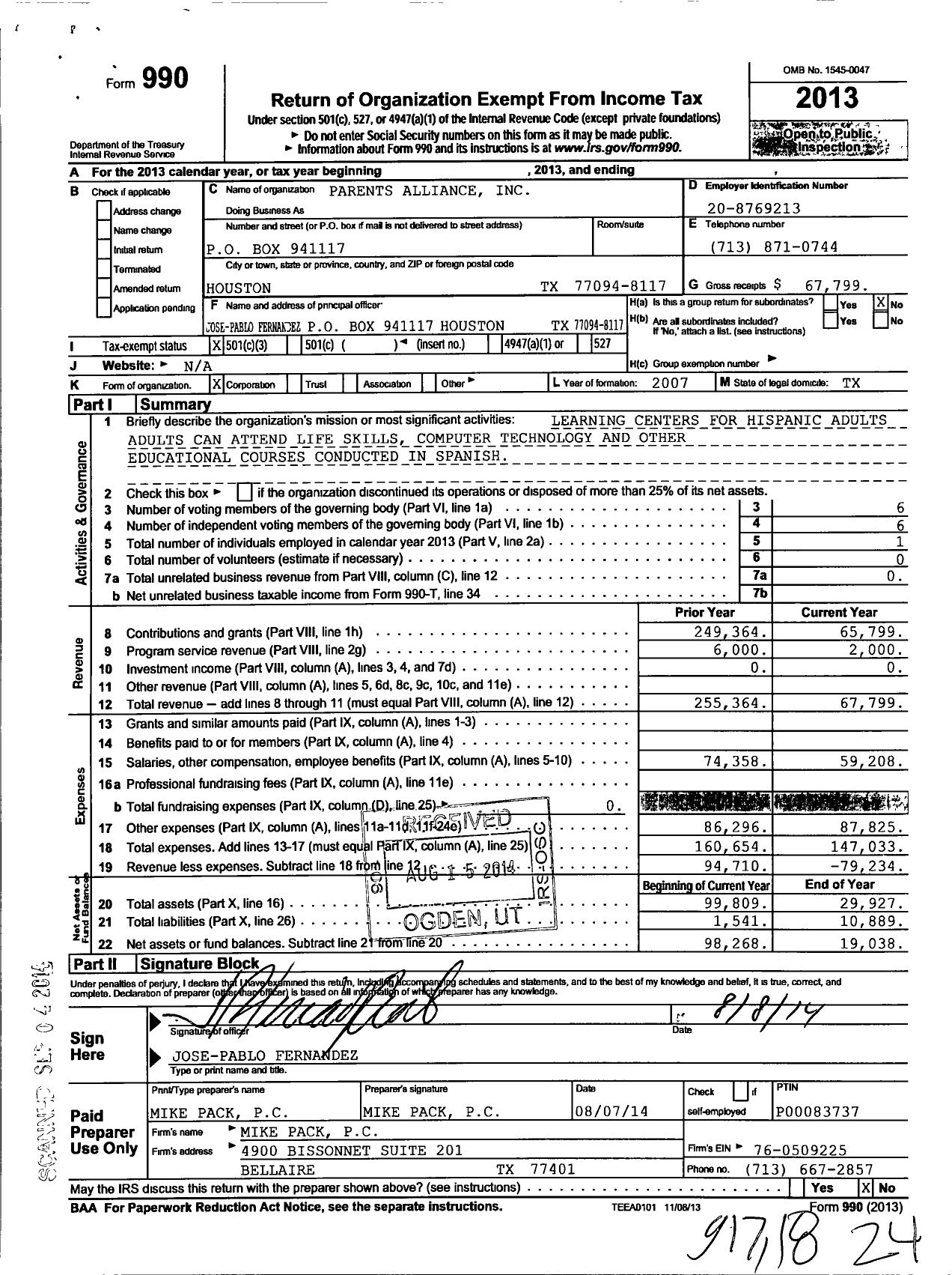 Image of first page of 2013 Form 990 for Parents Alliance