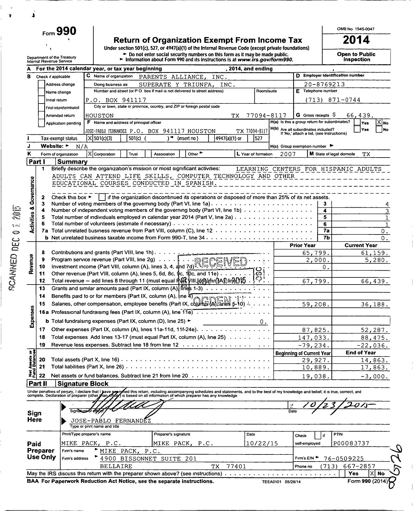 Image of first page of 2014 Form 990 for Parents Alliance
