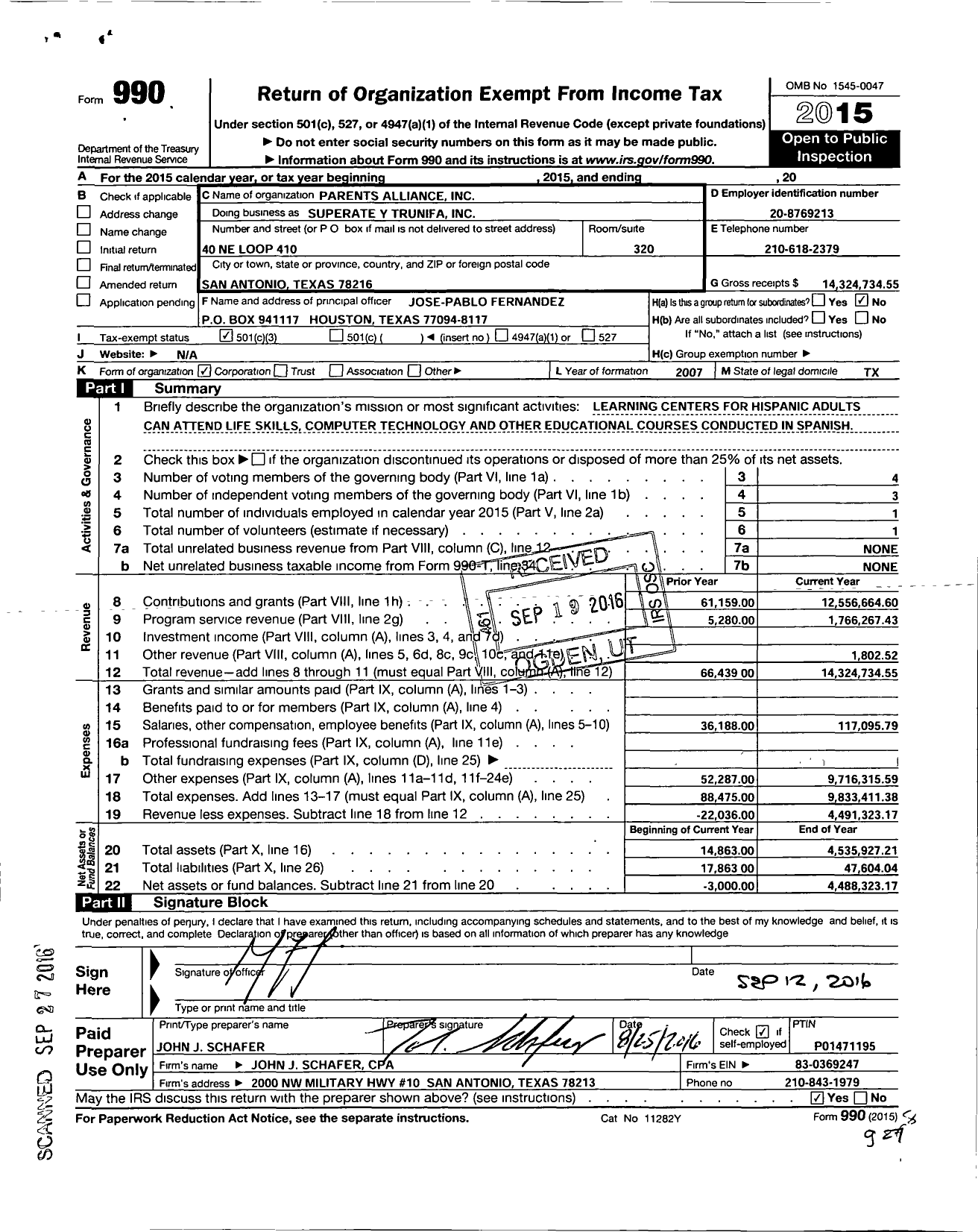 Image of first page of 2015 Form 990 for Parents Alliance