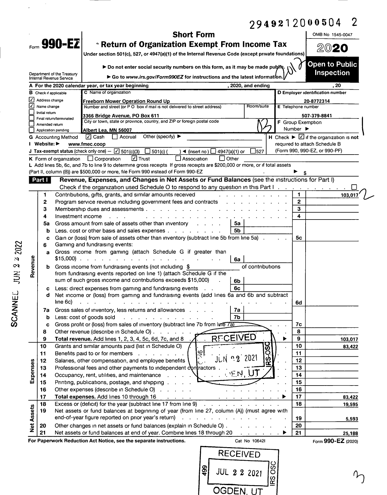 Image of first page of 2020 Form 990EZ for Freeborn Mower Operation Round Up