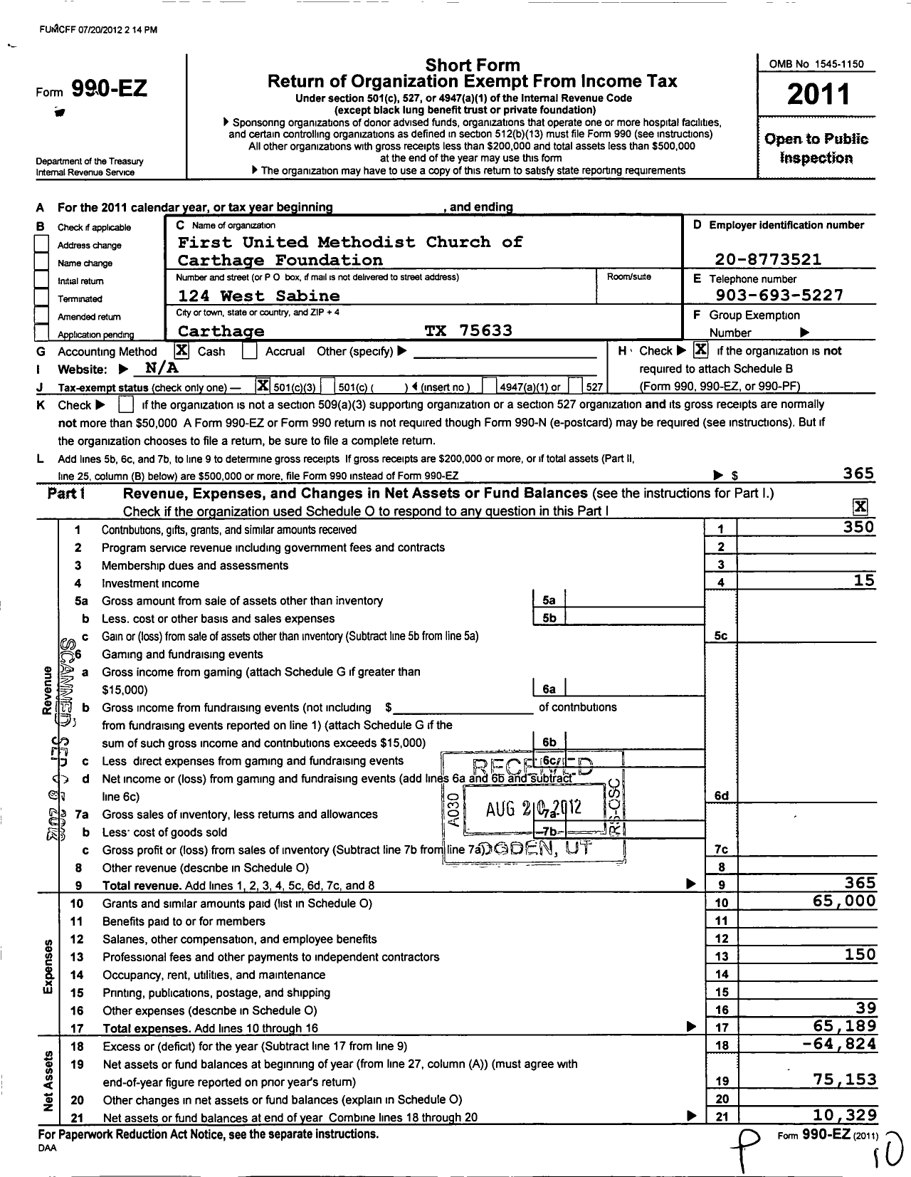 Image of first page of 2011 Form 990EZ for First United Methodist Church of Carthage Foundation