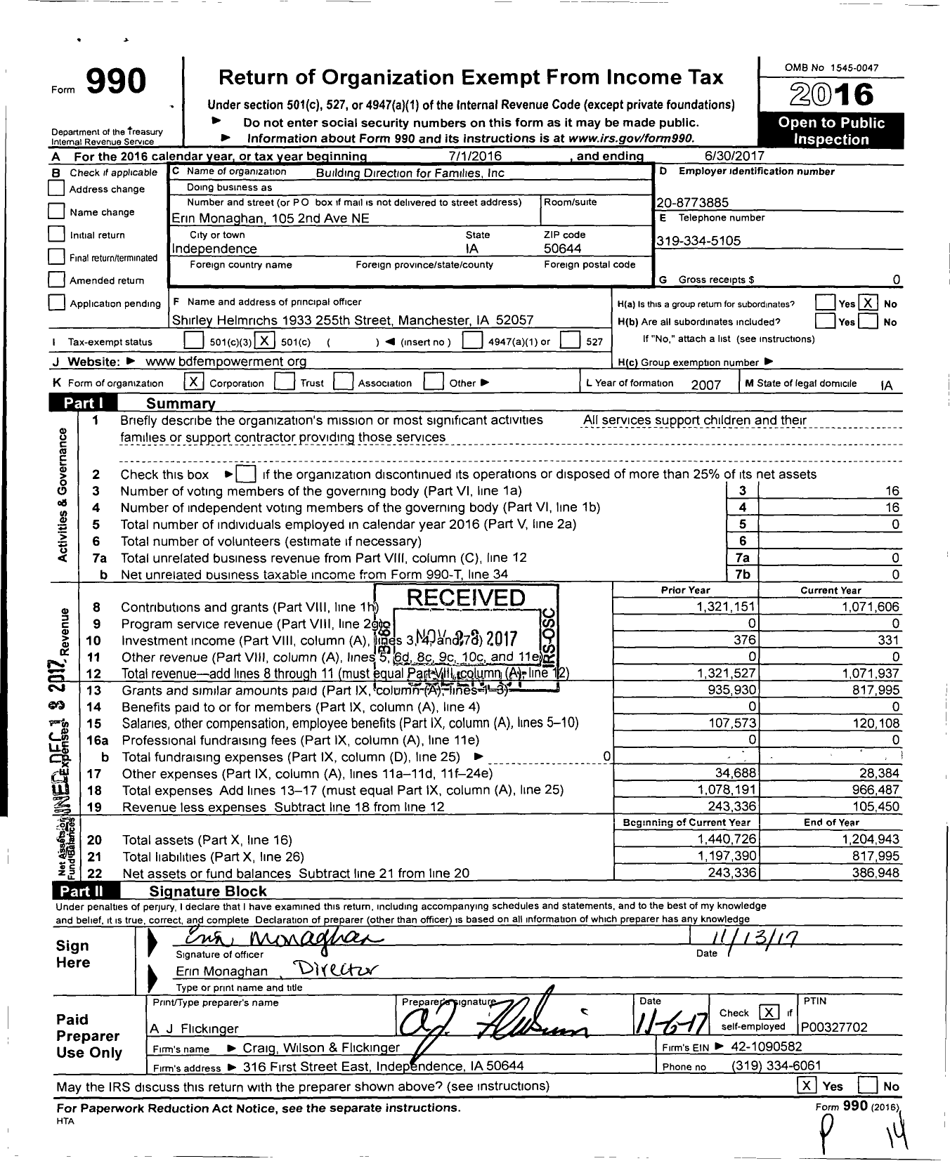 Image of first page of 2016 Form 990O for Building Direction for Families