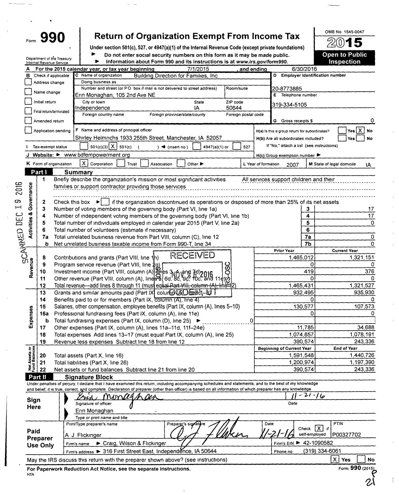 Image of first page of 2015 Form 990O for Building Direction for Families