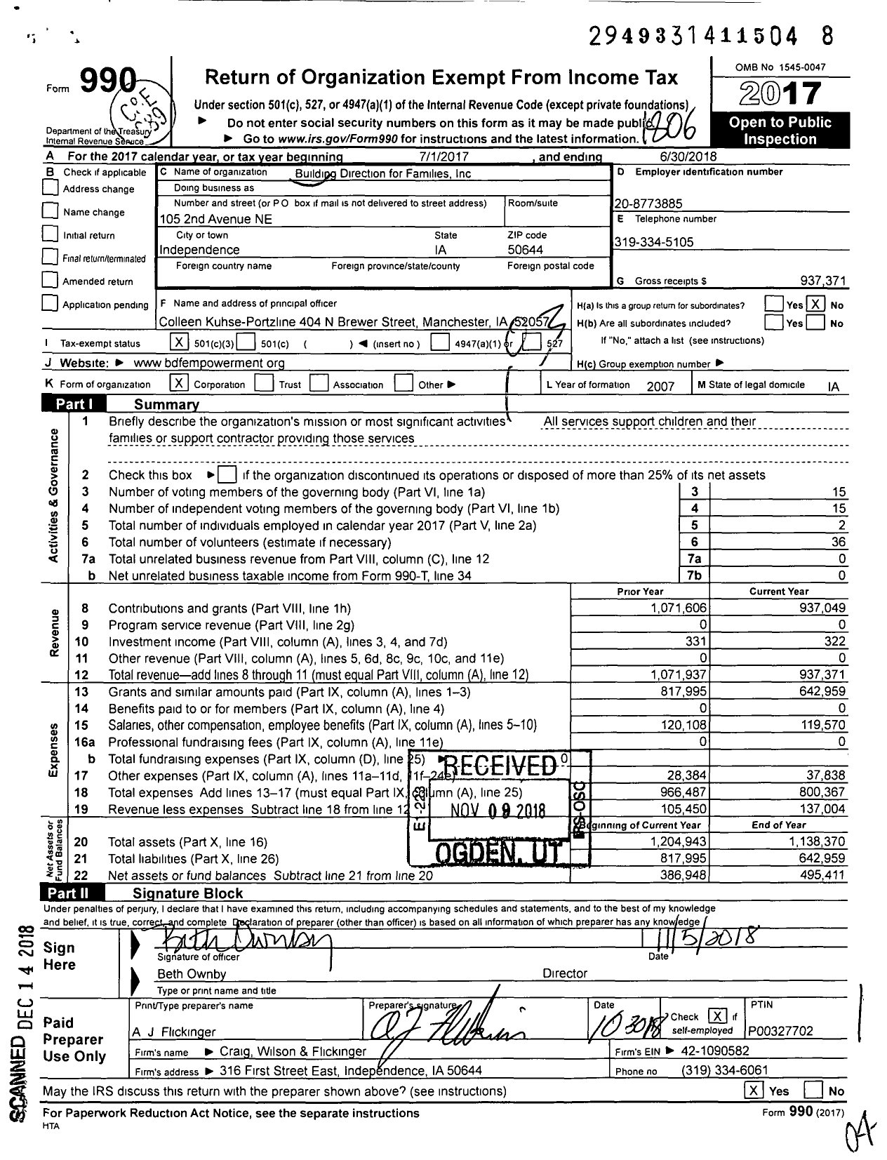 Image of first page of 2017 Form 990 for Building Direction for Families