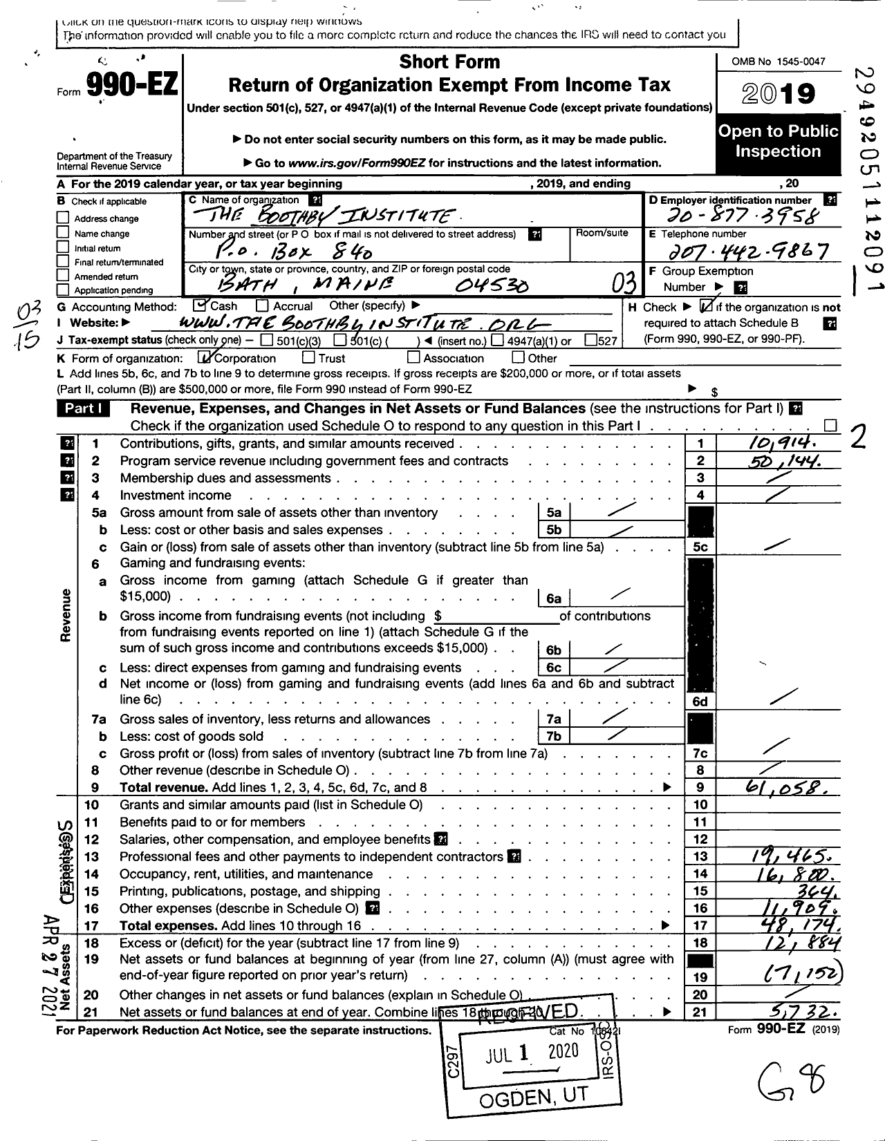 Image of first page of 2019 Form 990EZ for Boothby Institute