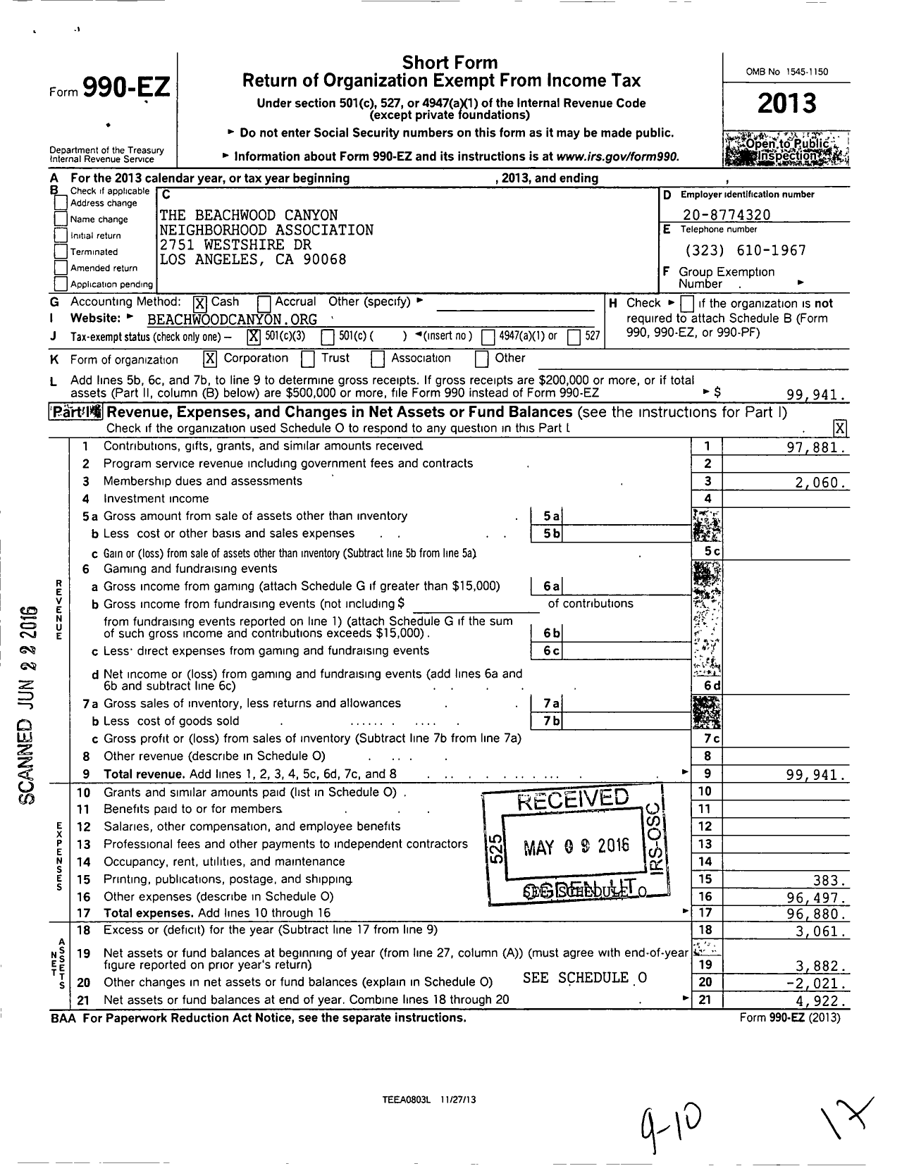 Image of first page of 2013 Form 990EZ for The Beachwood Canyon Neighborhood Association