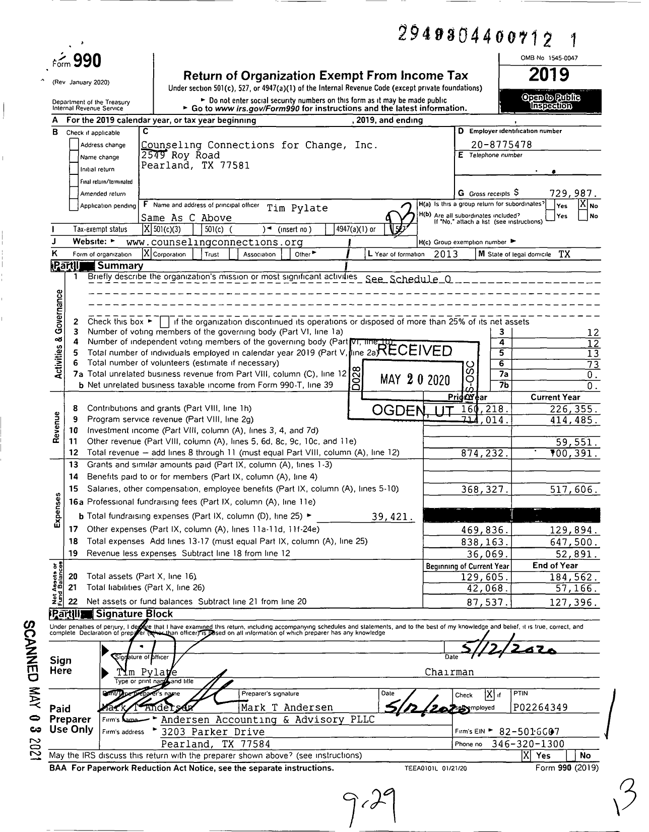 Image of first page of 2019 Form 990 for Counseling Connections for Change