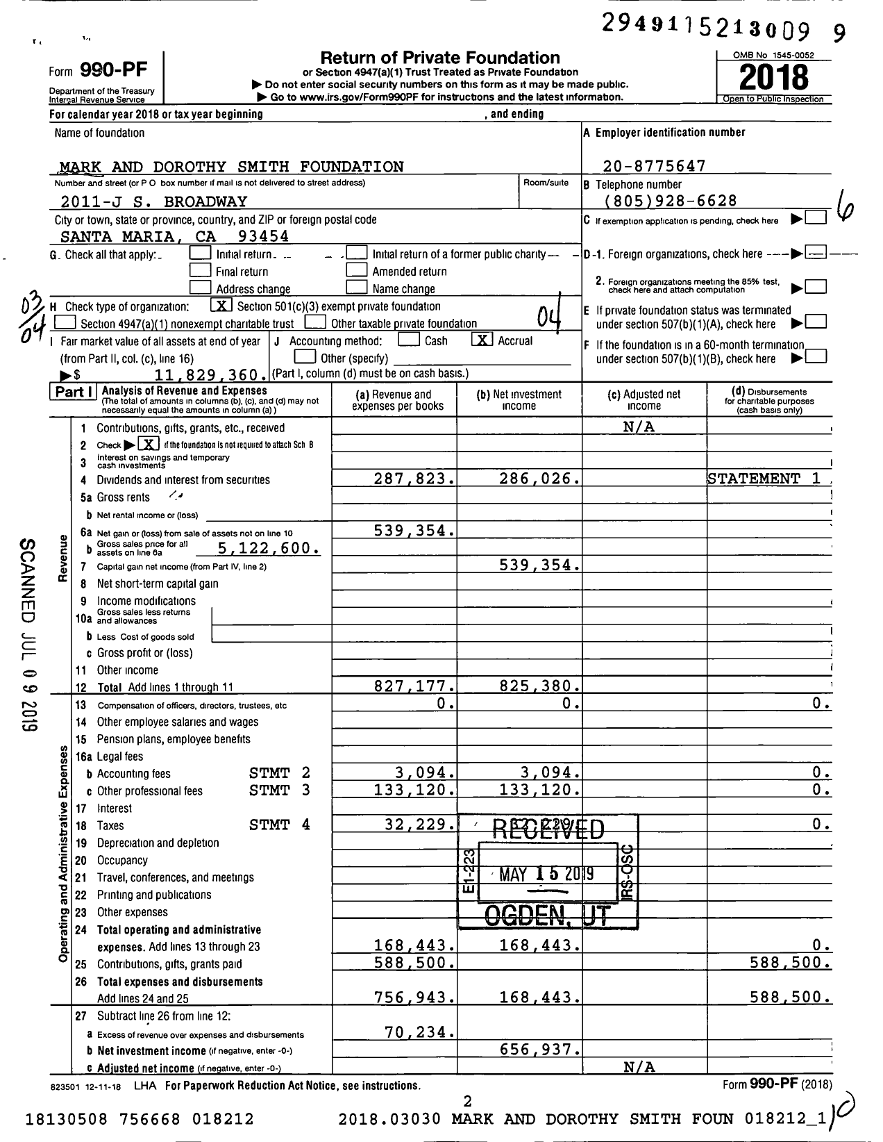 Image of first page of 2018 Form 990PF for Mark and Dorothy Smith Foundation