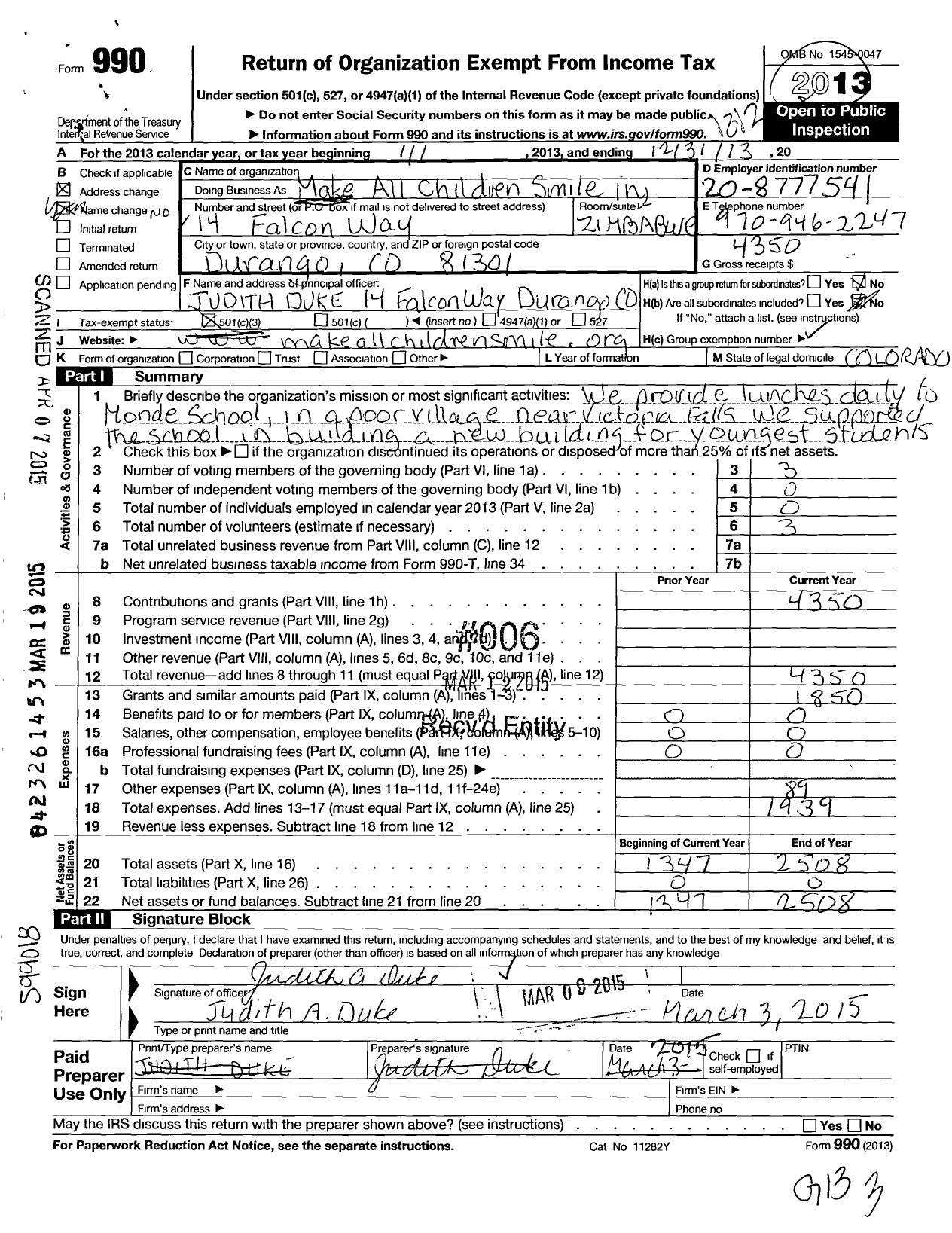 Image of first page of 2013 Form 990 for Make All Children Smile in Zimbabwe