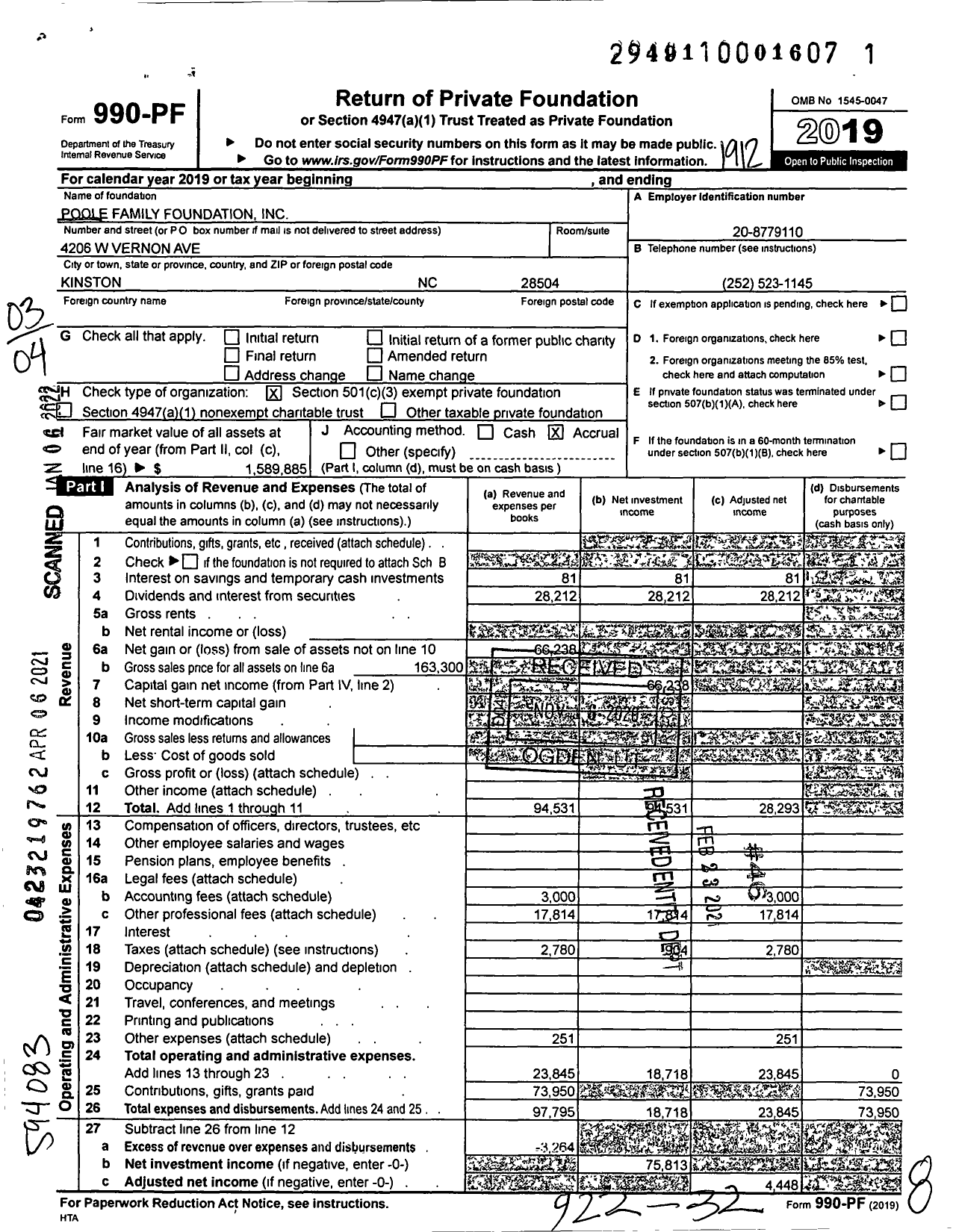 Image of first page of 2019 Form 990PF for Poole Family Foundation