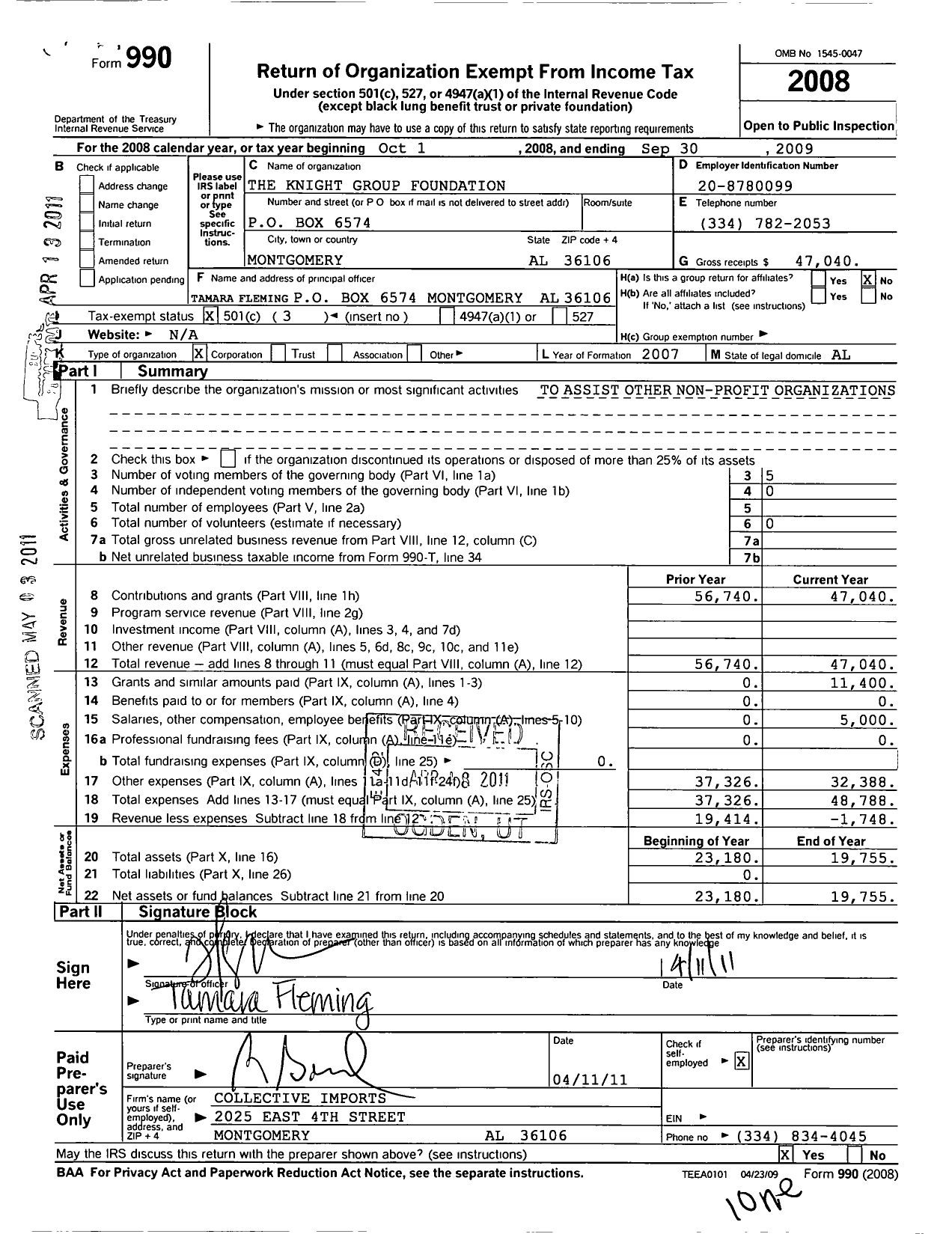 Image of first page of 2008 Form 990 for The Knight Group