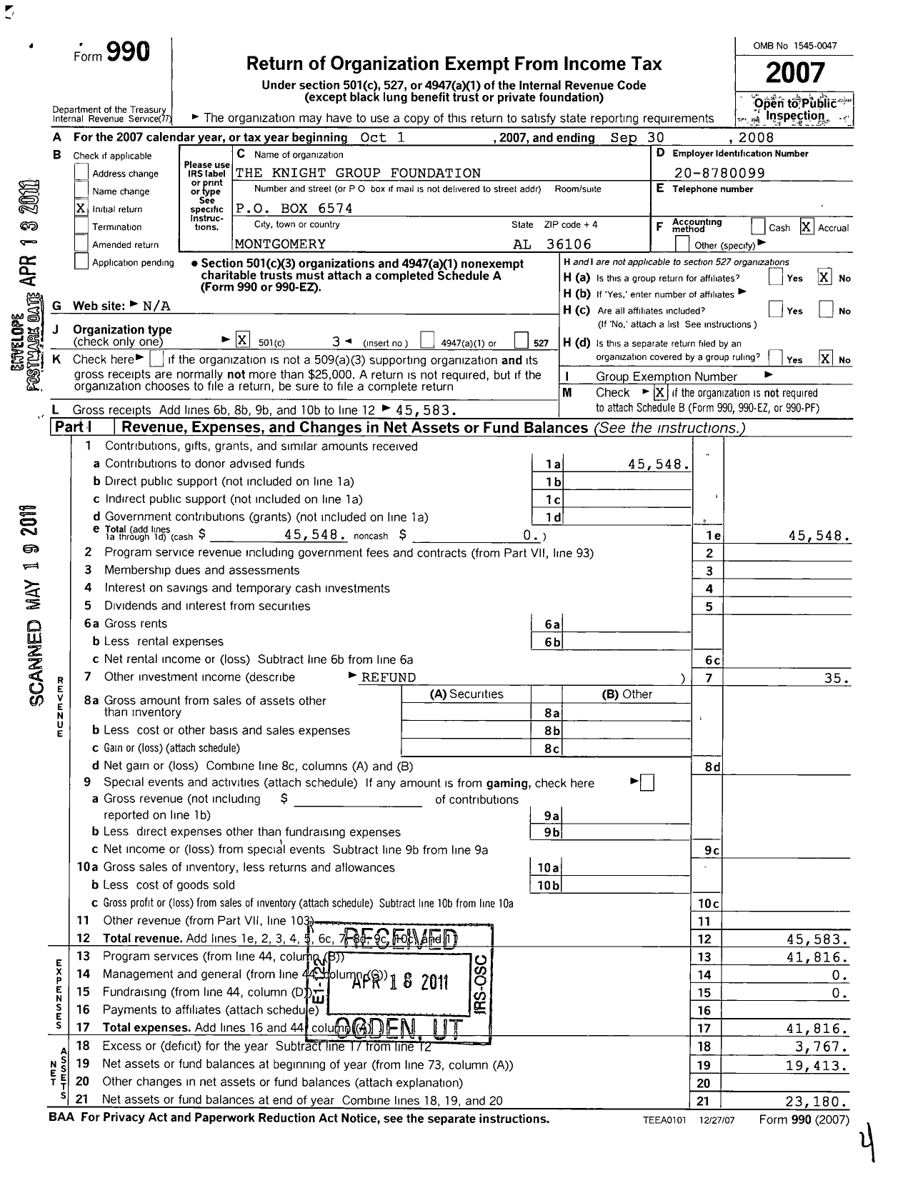 Image of first page of 2007 Form 990 for The Knight Group