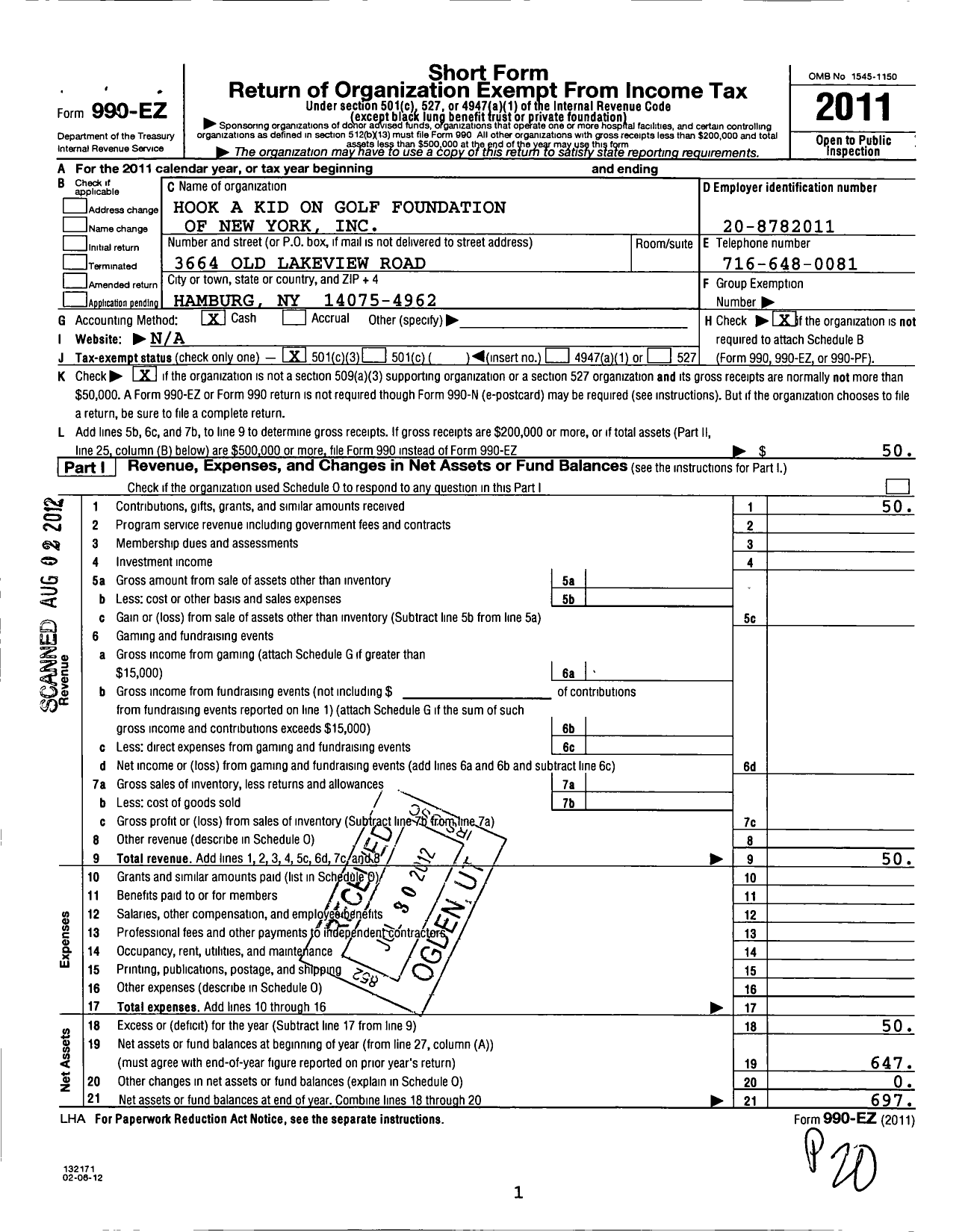 Image of first page of 2011 Form 990EZ for Hook A Kid on Golf Foundation of New York