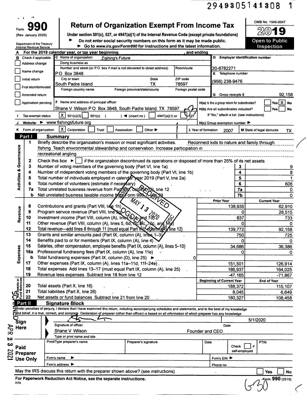 Image of first page of 2019 Form 990 for Fishing's Future