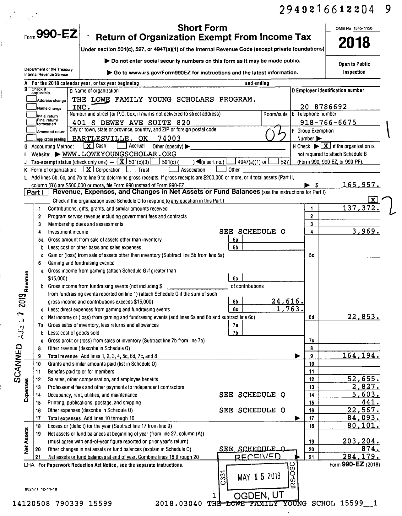 Image of first page of 2018 Form 990EZ for The Young Scholars of Bartlesville