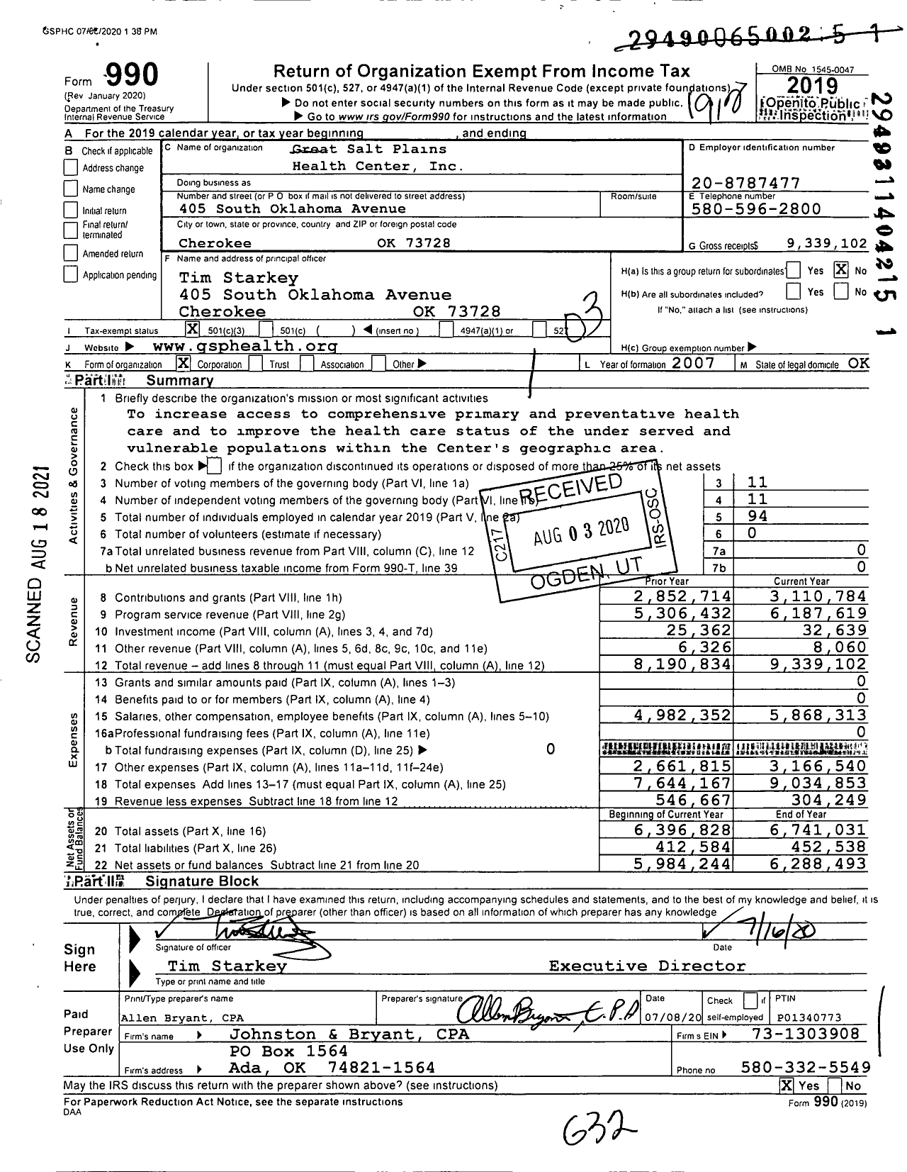 Image of first page of 2019 Form 990 for Great Salt Plains Health Center