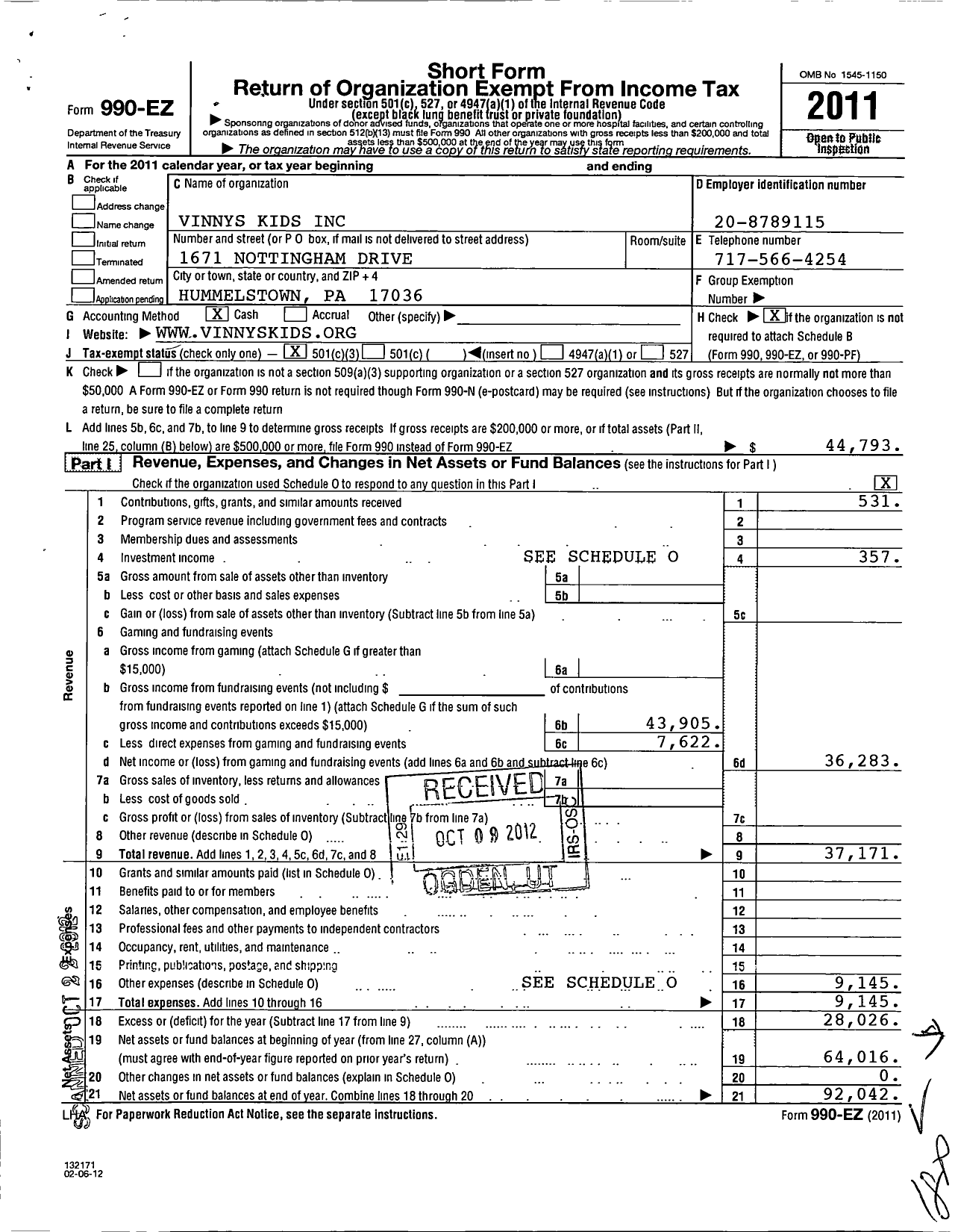 Image of first page of 2011 Form 990EZ for Vinnys Kids