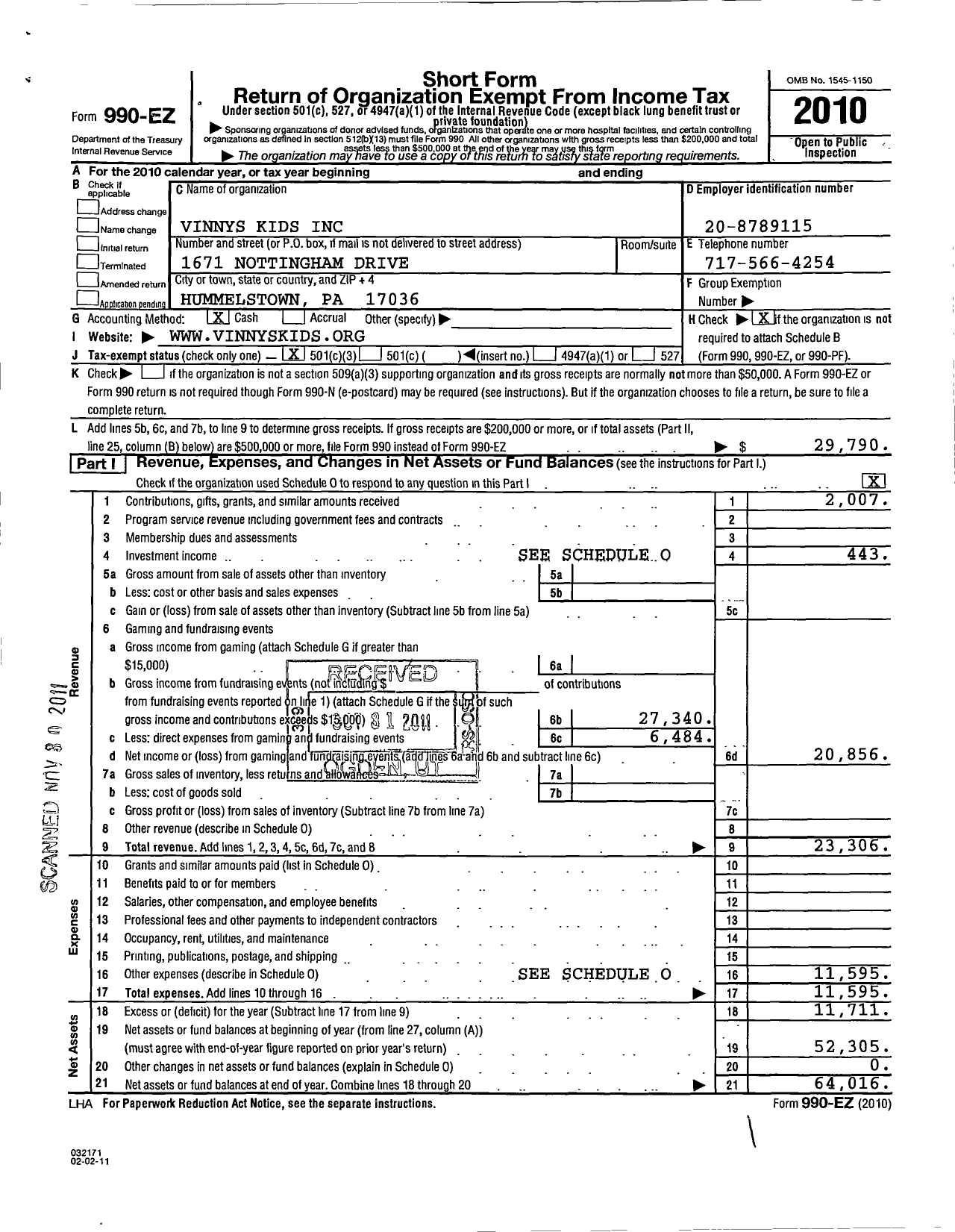 Image of first page of 2010 Form 990EZ for Vinnys Kids