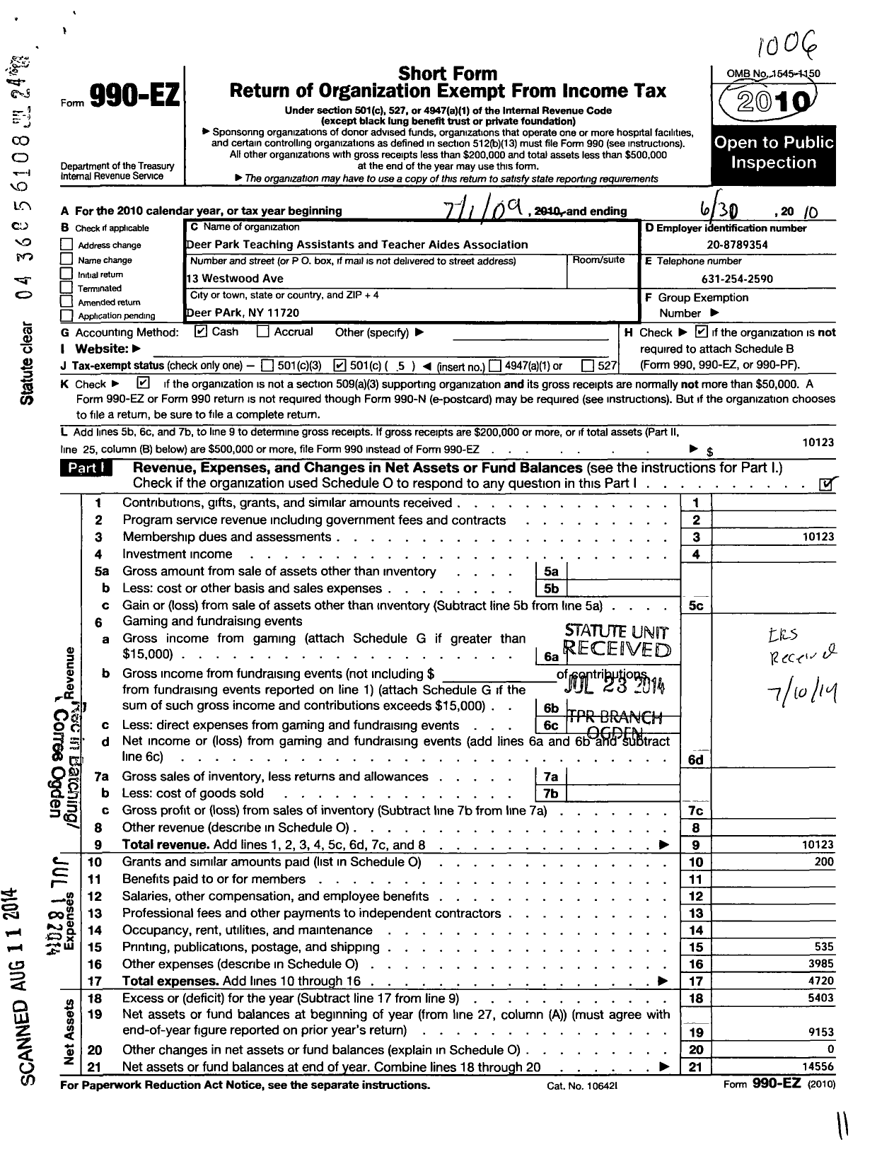 Image of first page of 2009 Form 990EO for American Federation of Teachers / 7833 Deer Park Teacher Aide Associa