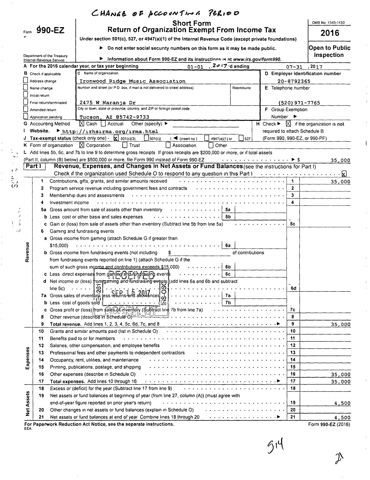 Image of first page of 2016 Form 990EZ for Ironwood Ridge Music Association