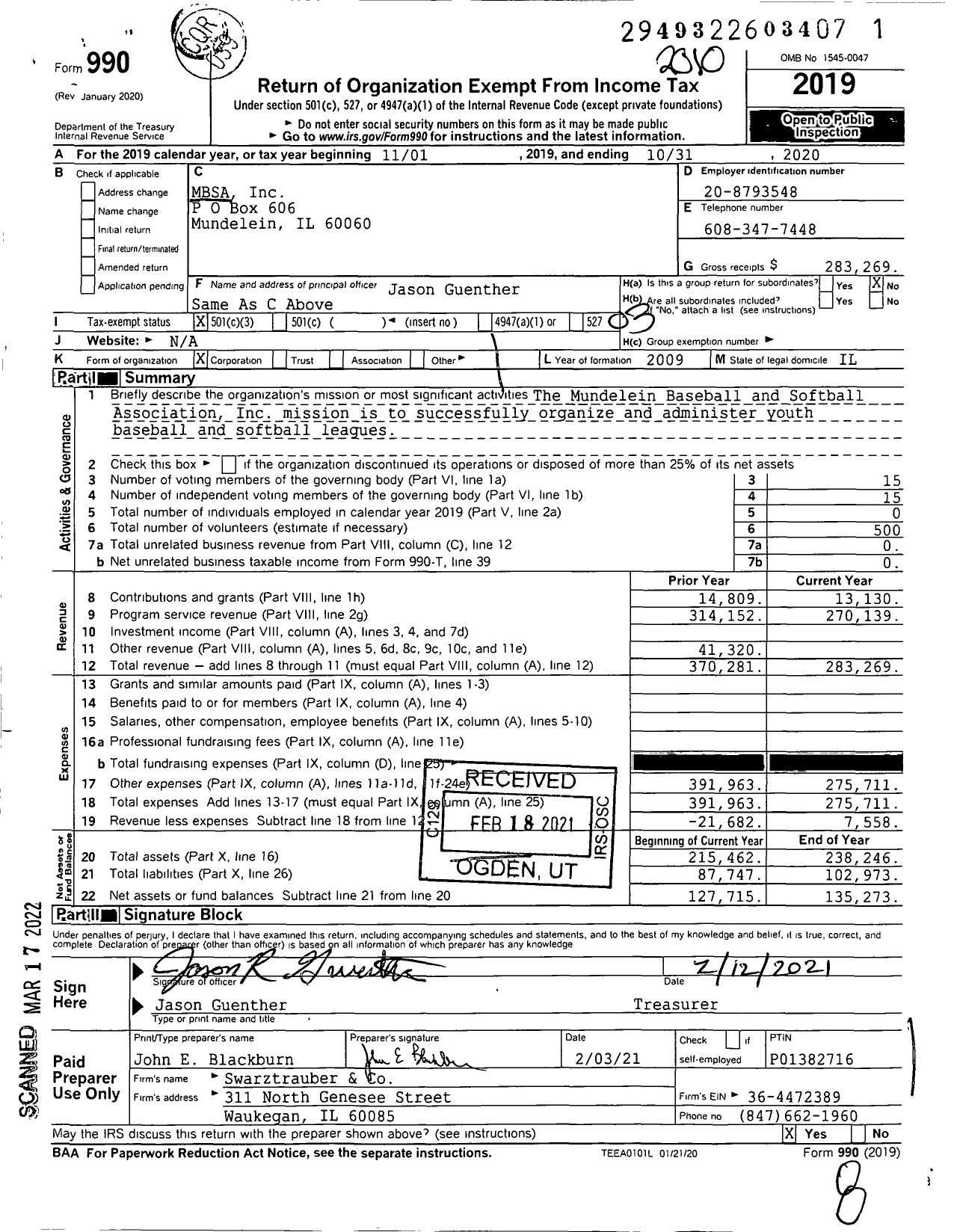 Image of first page of 2019 Form 990 for Mbsa (Sporting Organization)