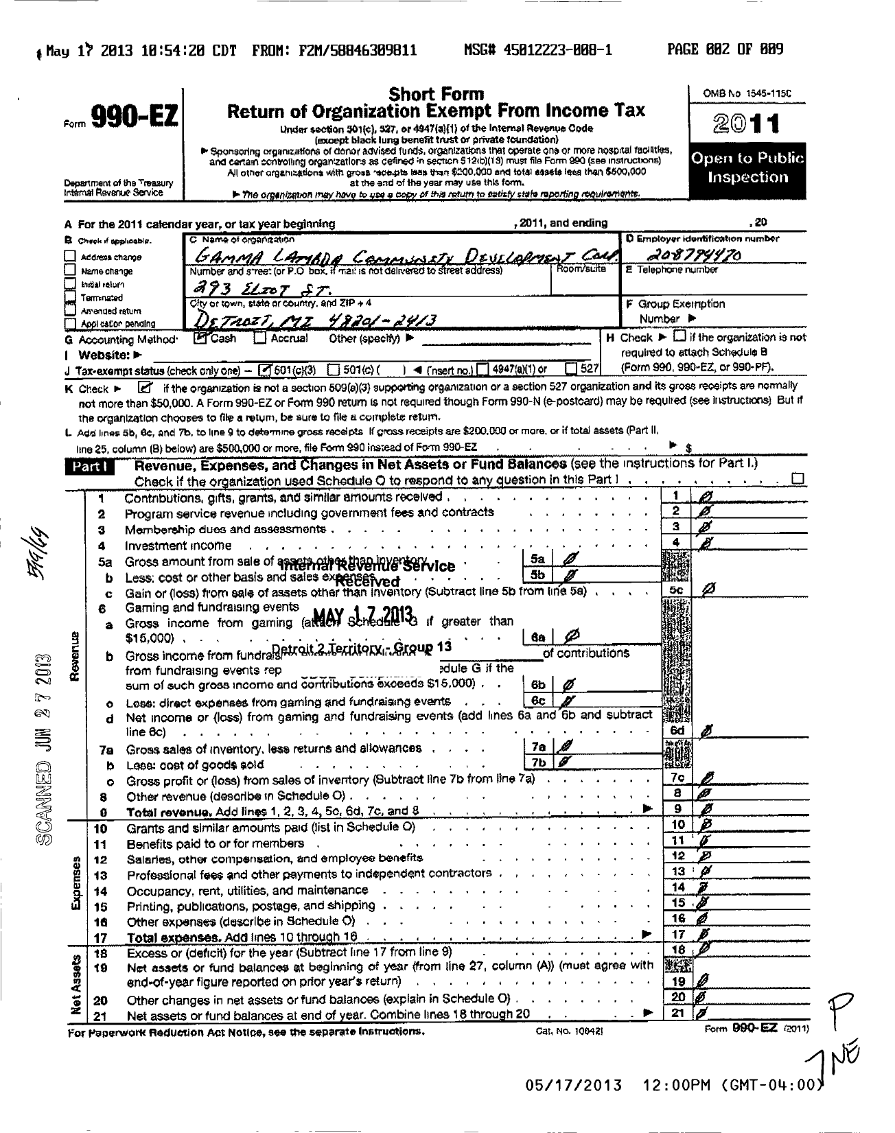 Image of first page of 2011 Form 990EZ for Gamma Lambda Community Development Corporation