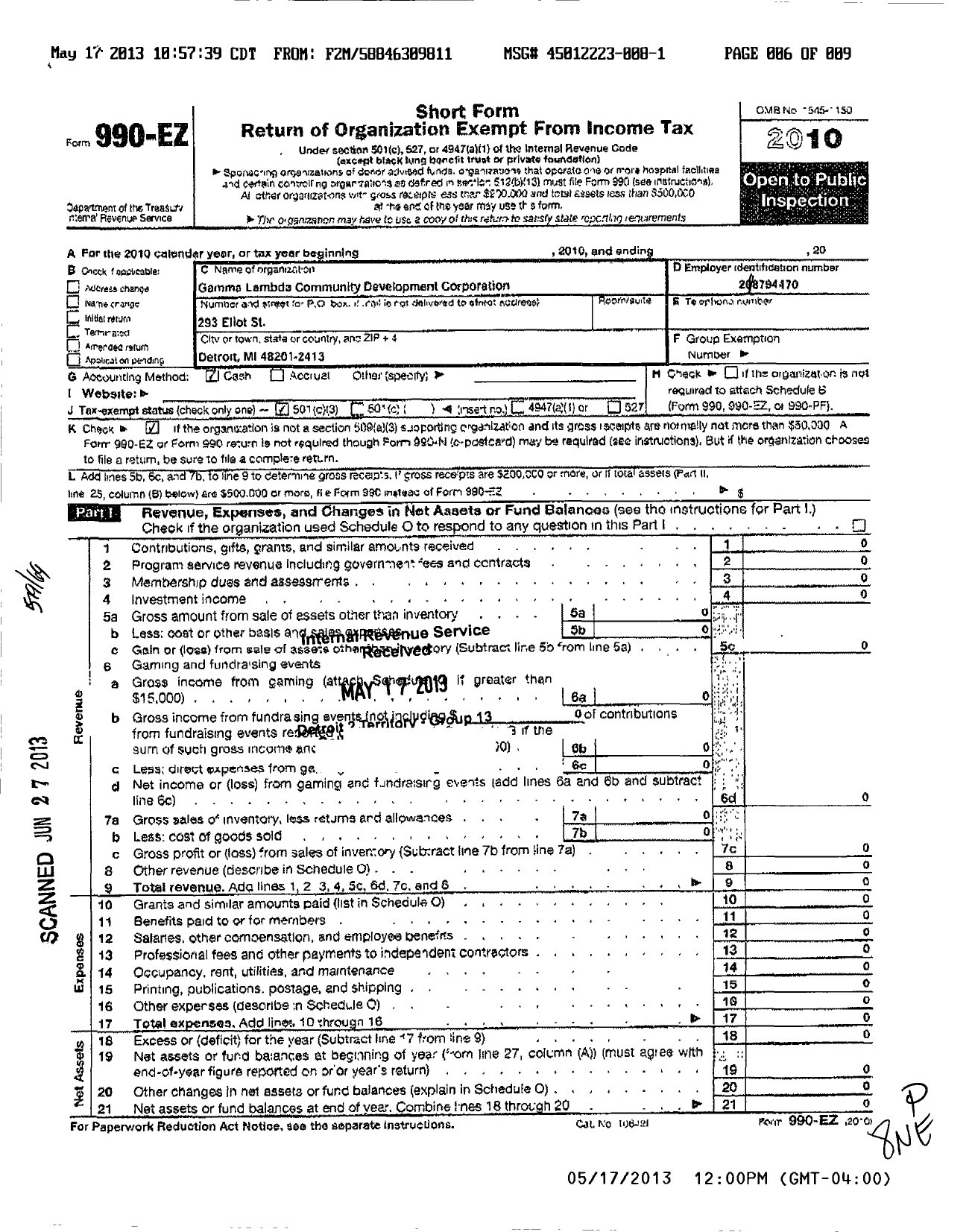 Image of first page of 2010 Form 990EZ for Gamma Lambda Community Development Corporation