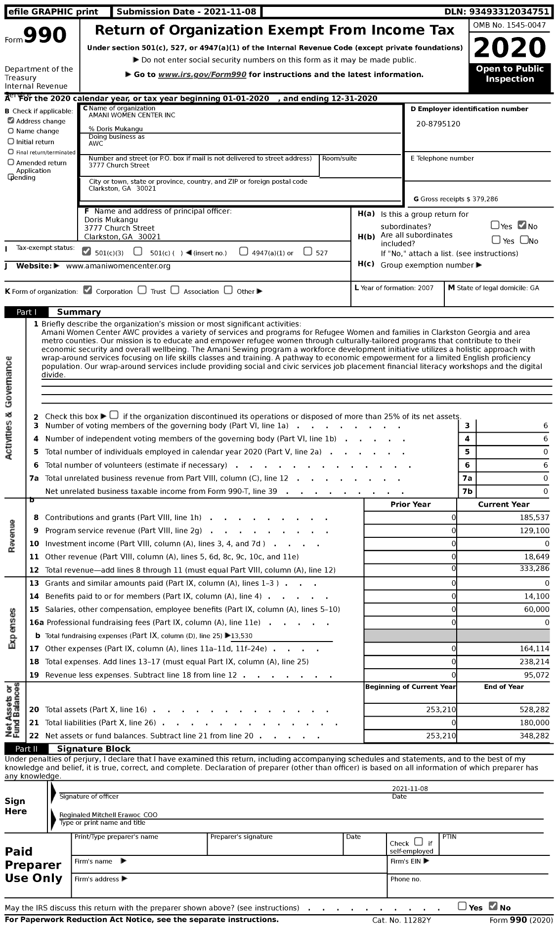 Image of first page of 2020 Form 990 for Amani Women Center (AWC)