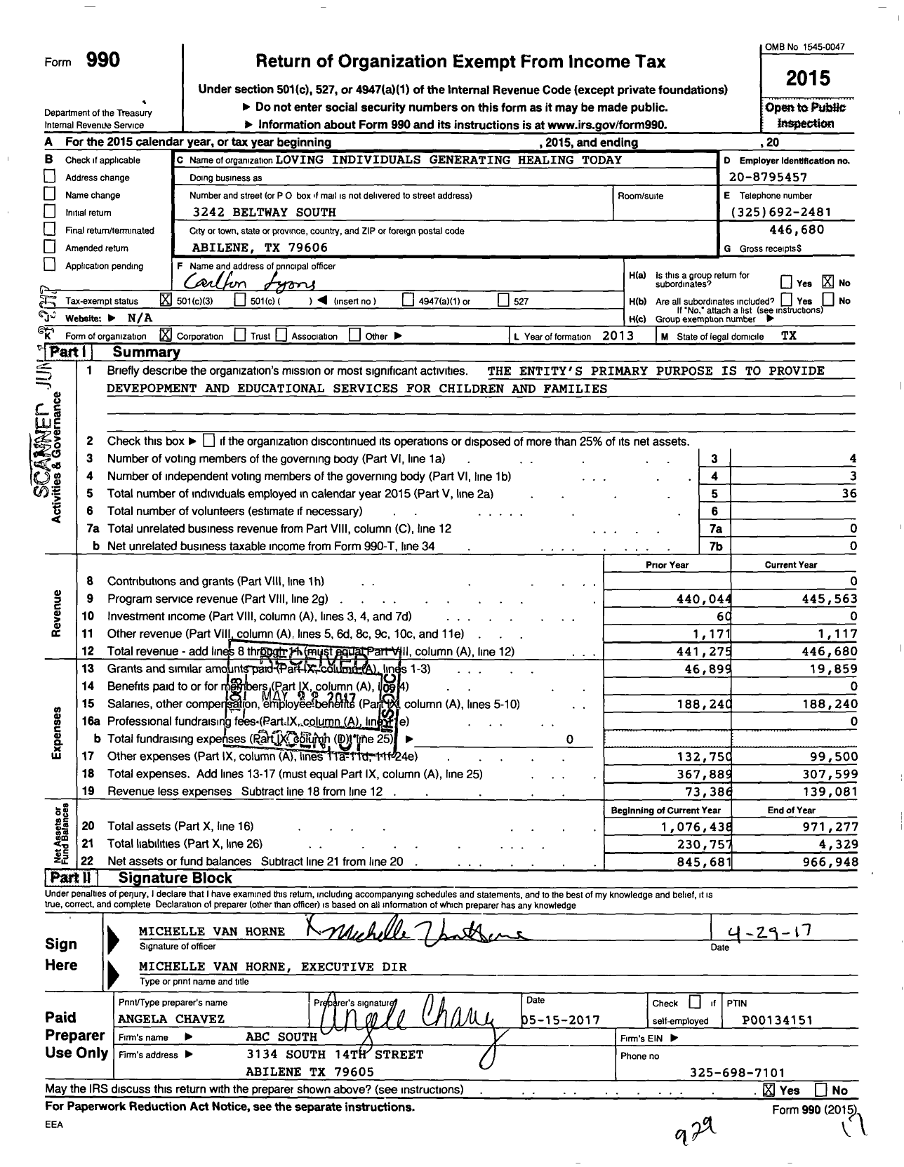 Image of first page of 2015 Form 990 for Loving Individuals Generating Healing Today