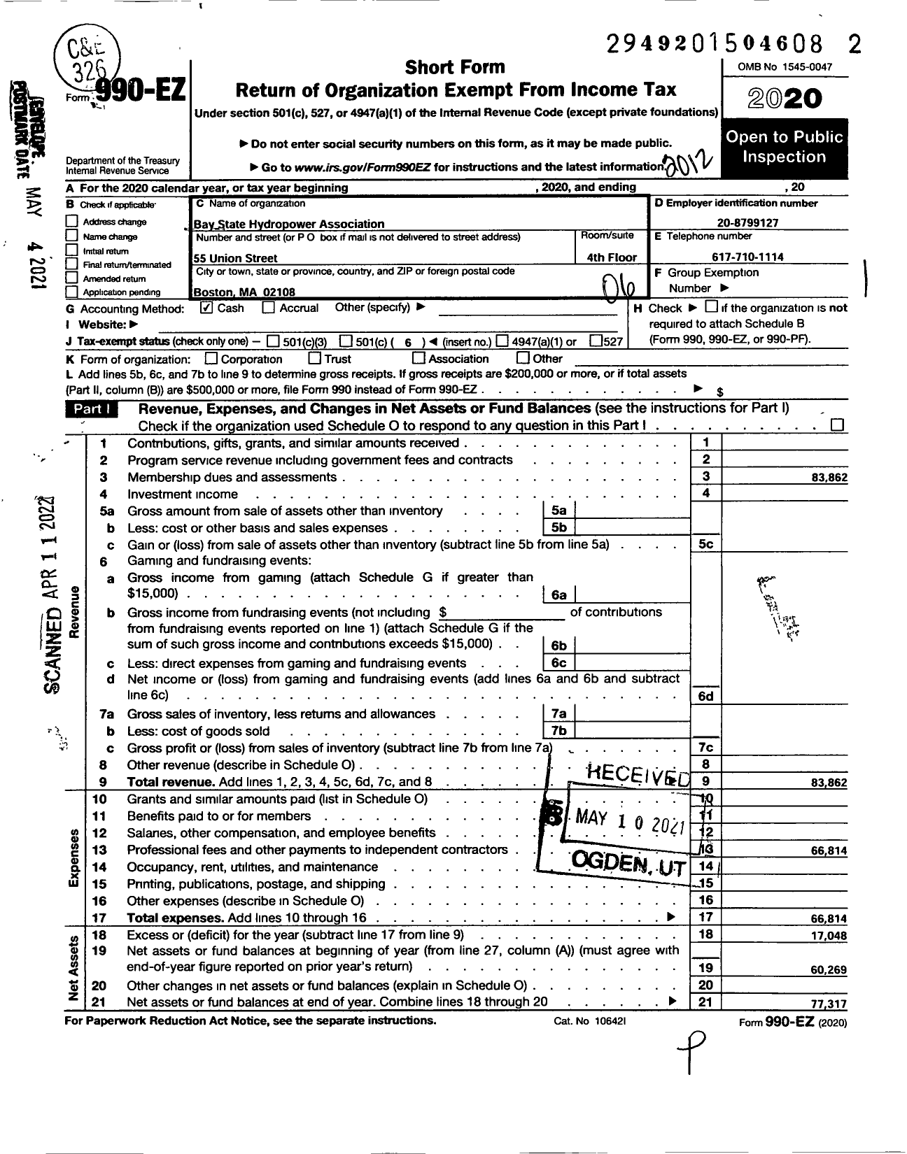 Image of first page of 2020 Form 990EO for Bay State Hydropower Association