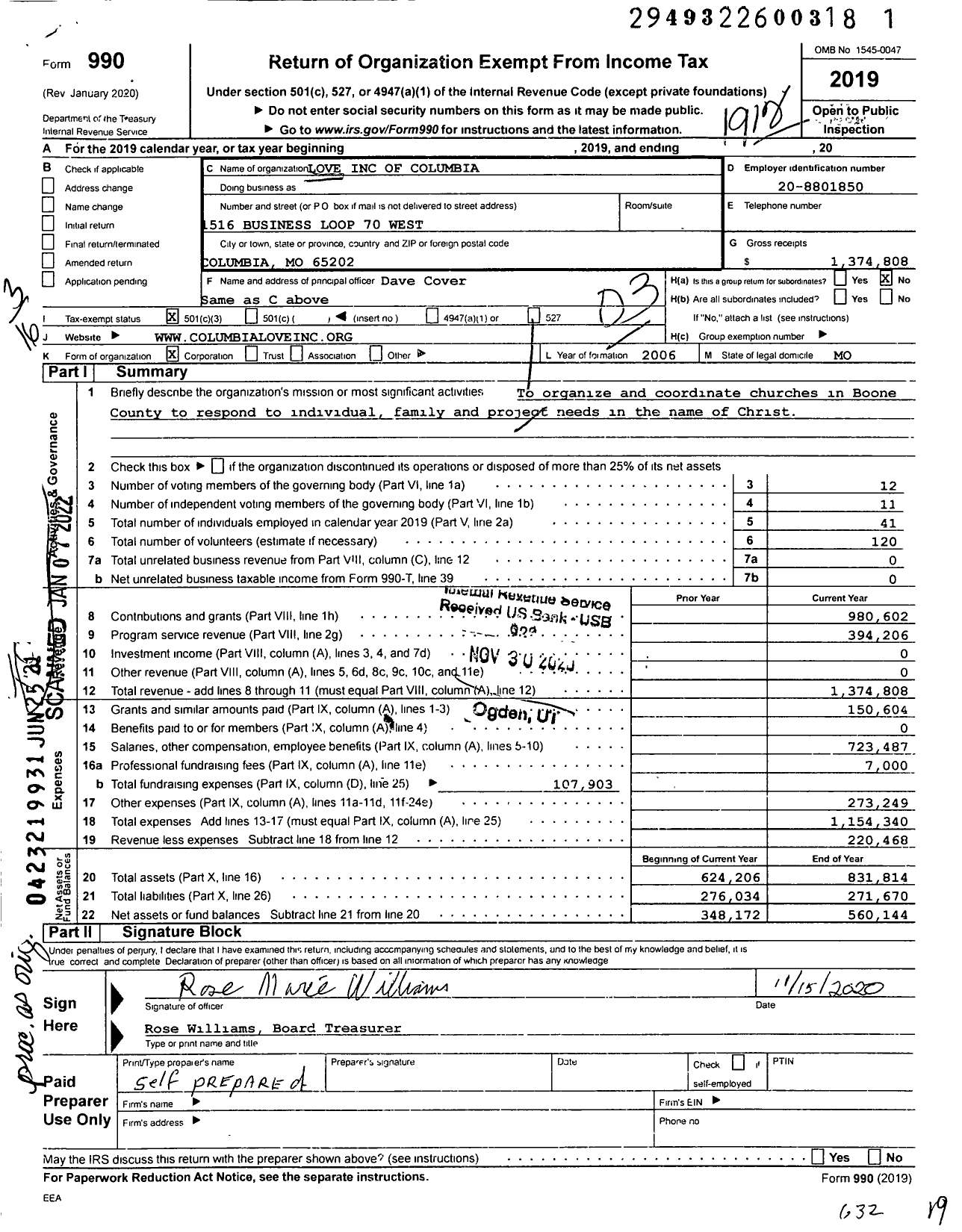 Image of first page of 2019 Form 990 for Love Columbia Corporation Love Columbia