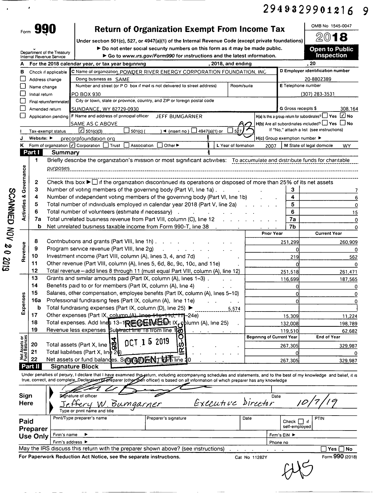 Image of first page of 2018 Form 990 for Powder River Energy Corporationfoundation