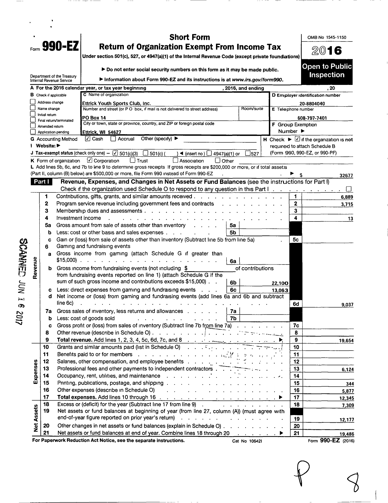 Image of first page of 2016 Form 990EZ for Ettrick Youth Sports