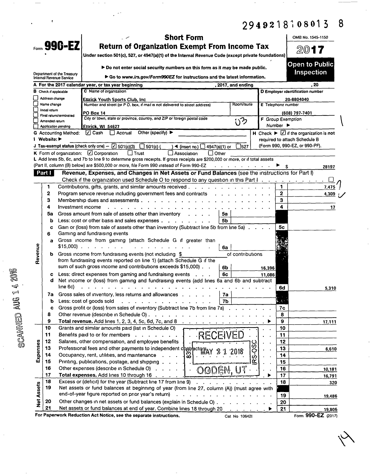 Image of first page of 2017 Form 990EZ for Ettrick Youth Sports