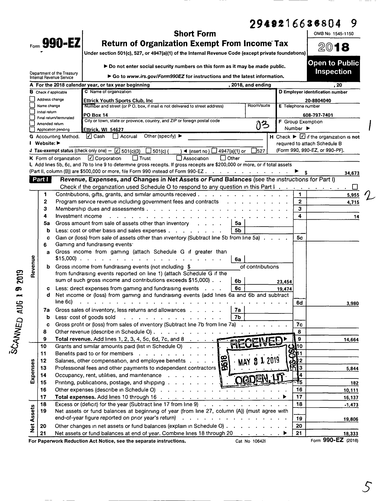 Image of first page of 2018 Form 990EZ for Ettrick Youth Sports