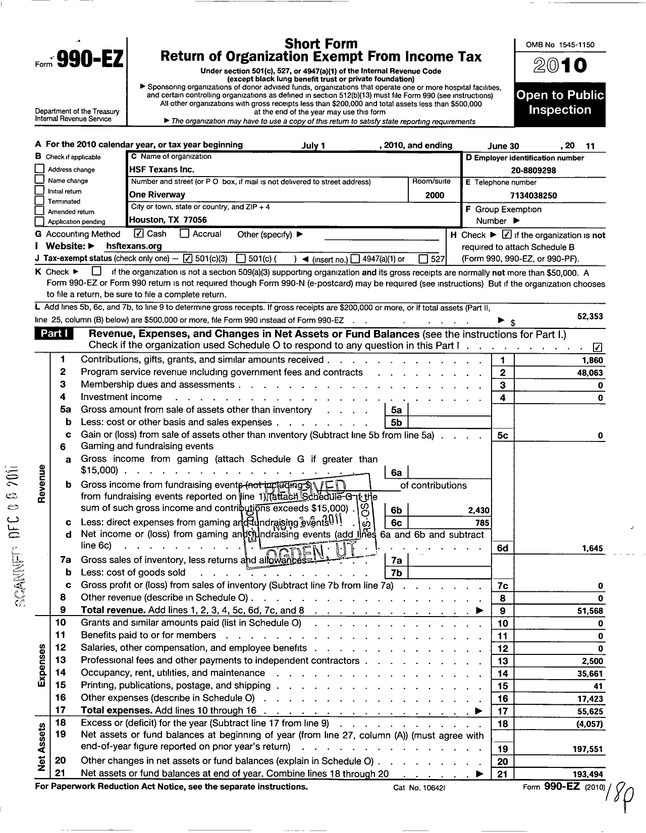 Image of first page of 2010 Form 990EZ for Freedom Foundation of Texas