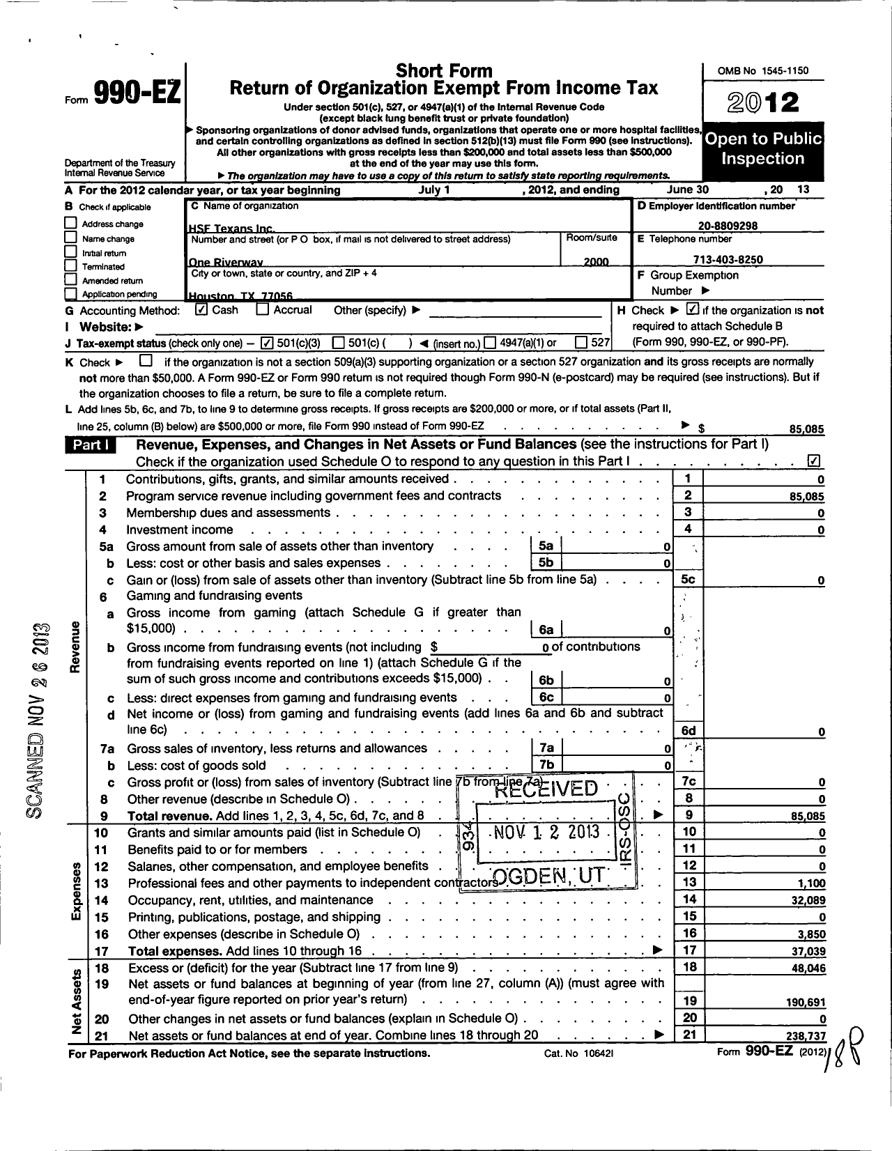 Image of first page of 2012 Form 990EZ for Freedom Foundation of Texas