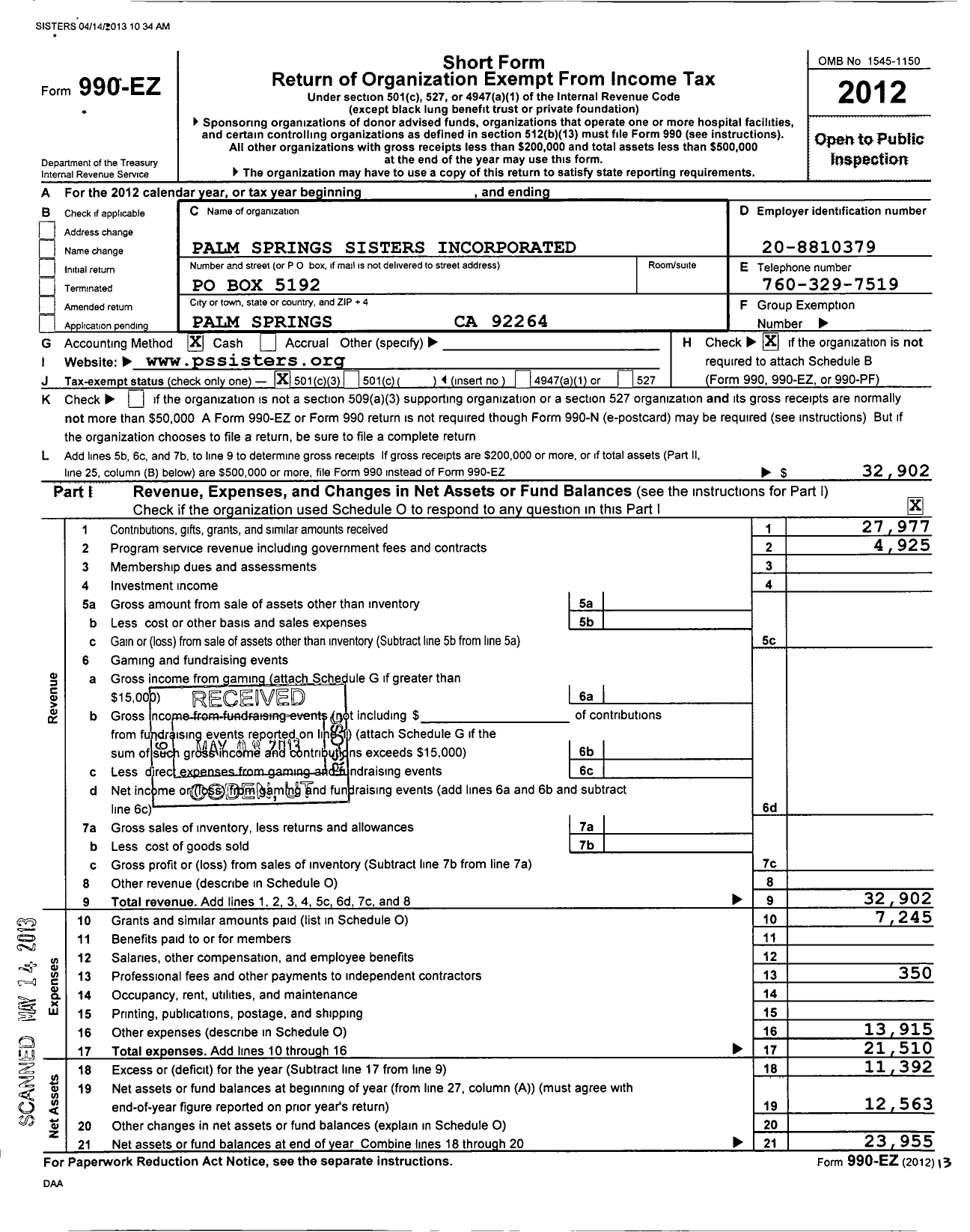 Image of first page of 2012 Form 990EZ for Palm Springs Sisters Incorporated