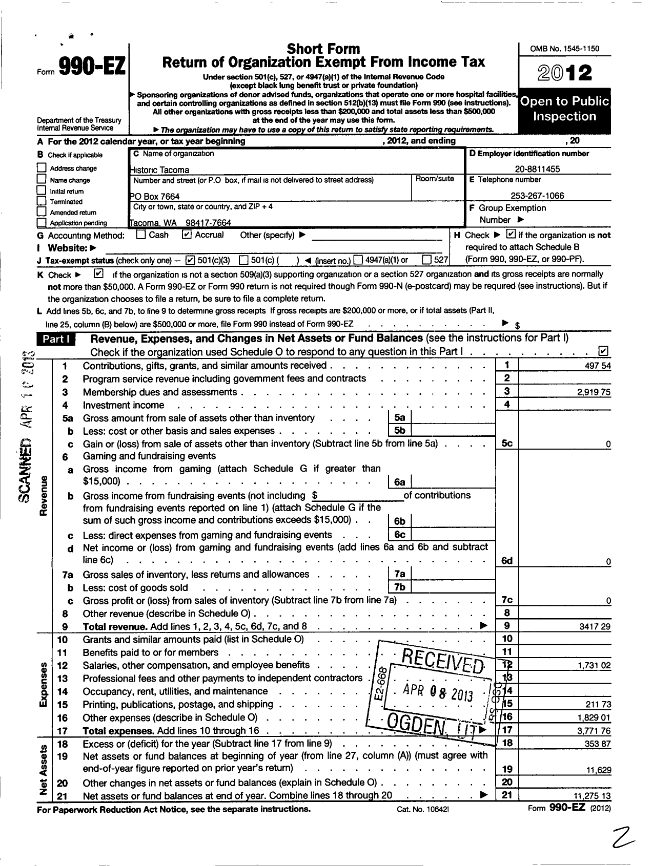 Image of first page of 2012 Form 990EZ for Historic Tacoma