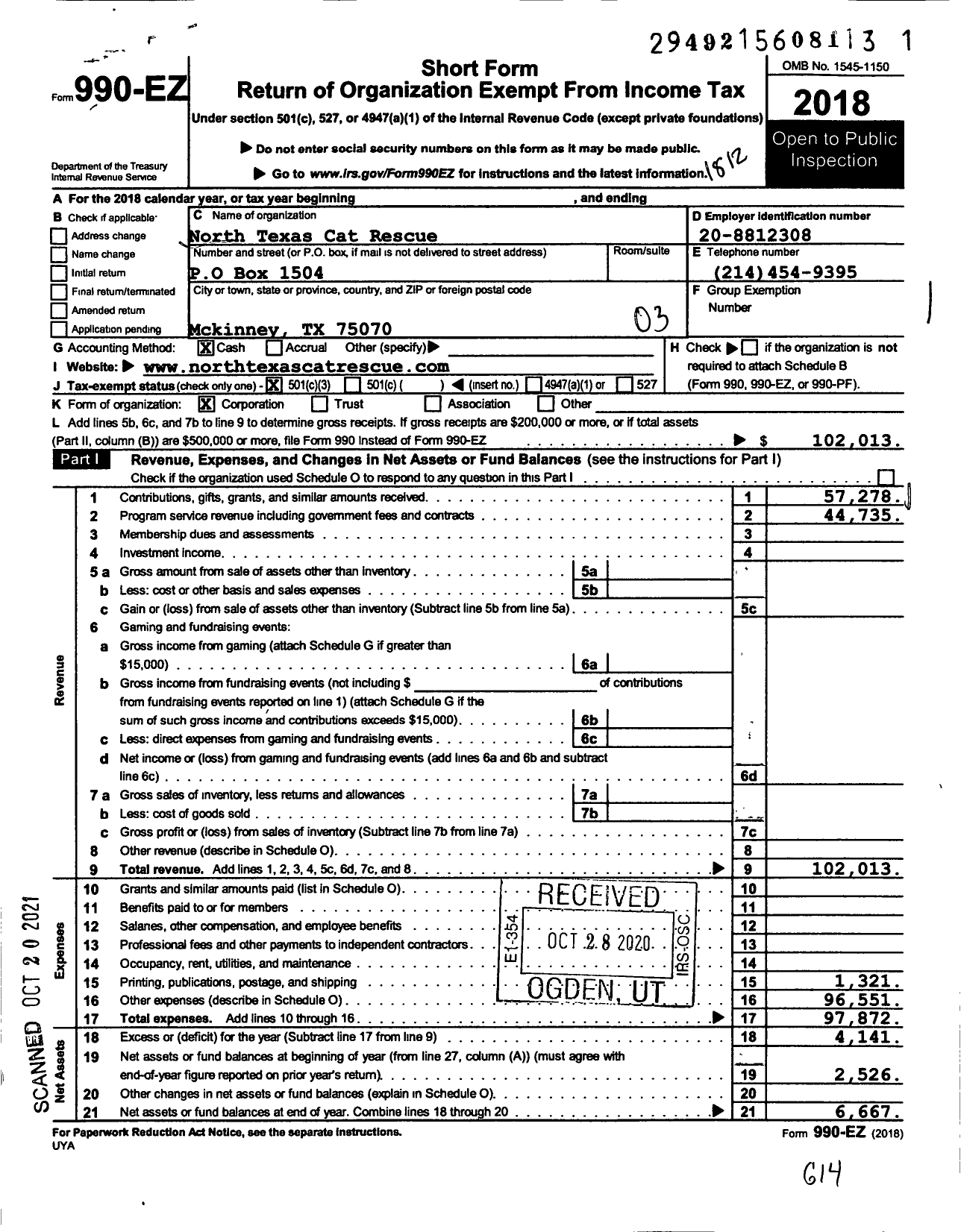 Image of first page of 2018 Form 990EZ for North Texas Cat Rescue