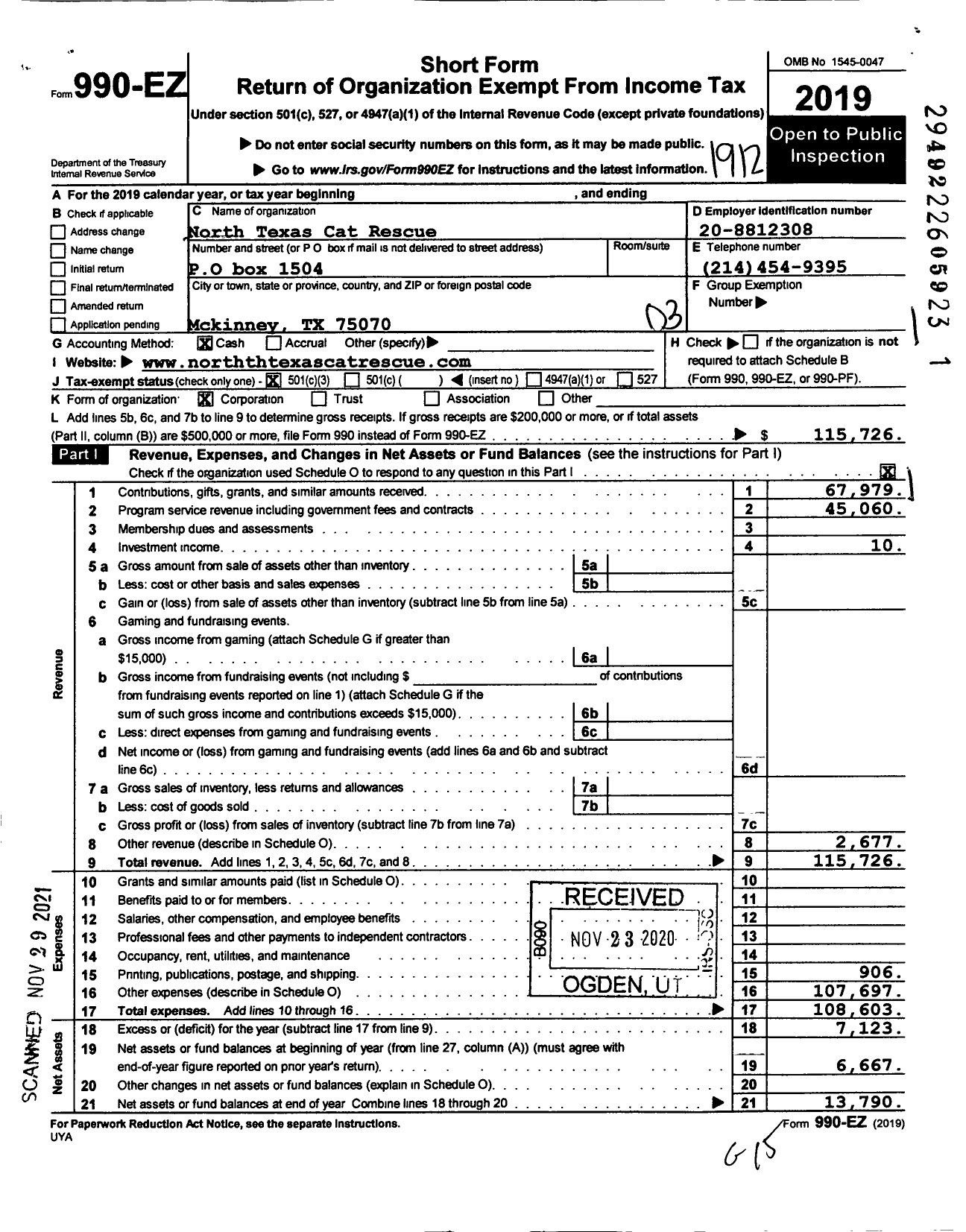 Image of first page of 2019 Form 990EZ for North Texas Cat Rescue