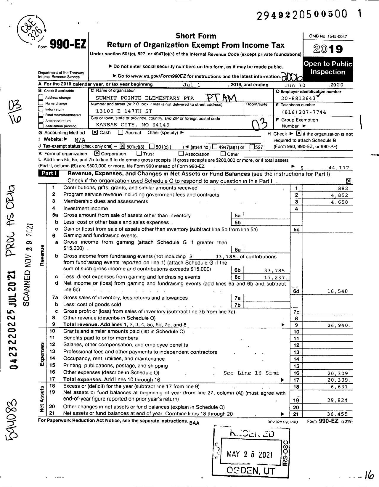 Image of first page of 2019 Form 990EZ for PTA Missouri Congress / Summit Pointe Elementary PTA