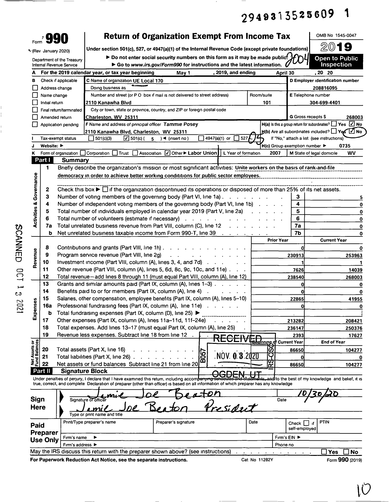 Image of first page of 2019 Form 990O for United Electrical Radio and Machine Workers of America - 170 Local