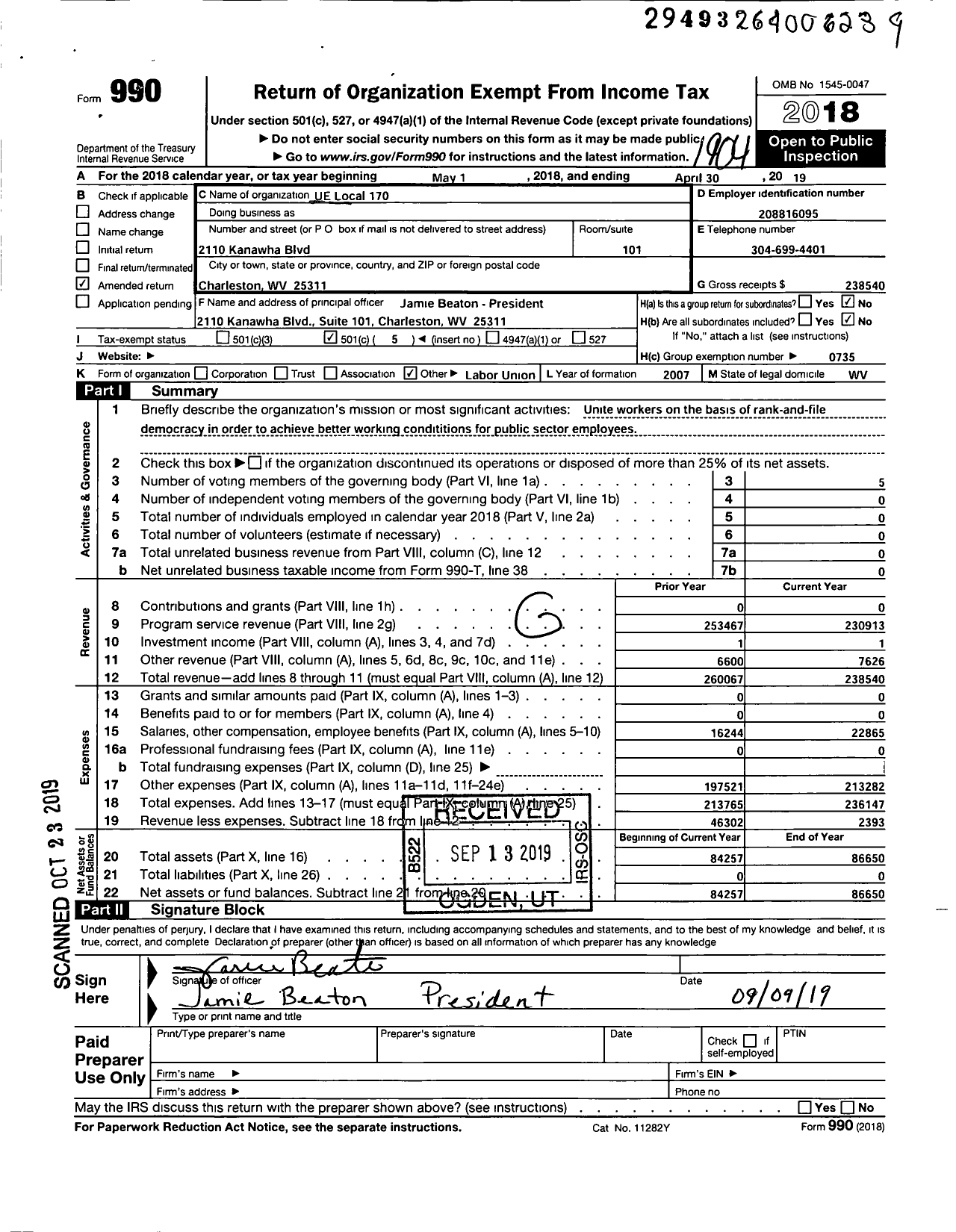 Image of first page of 2018 Form 990O for United Electrical Radio and Machine Workers of America - 170 Local